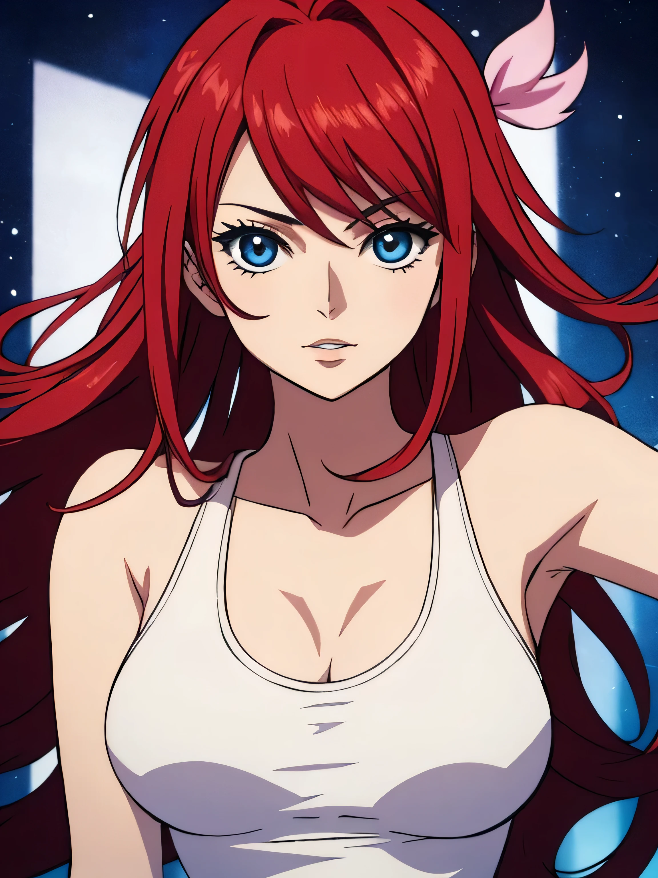 A high-quality digital art piece of [Rias Gremory] wearing a tank top. The focus is on her half-body, with an emphasis on a beautiful pose and perfect eyes. The art should be created in a vector art style, resembling the anime genre. The resolution of the image should be 8k, ensuring high-quality details and clarity. The composition should highlight the elegance and charm of Rias Gremory, showcasing her in a sophisticated yet alluring manner. This artwork aims to capture the essence of her character with precision and artistic flair. long red hair, big 