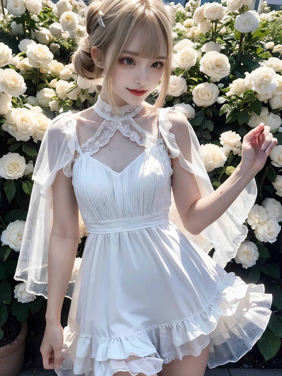 raw photo, 8k, (top-quality), Realistic, (real picture, Intricate details), (natural skin texture, detailed skin, hyper realism, sharpness), (Japanese teenage girl dancing in a flower garden at night, white flowers:1.3, dancing), ((white dress, see-through dress, white flower hair ornament, look far away)), (pale skin:1.2), slender body, ((light blond hair:1.3,  bun hairstyle, blunt bangs)), (neat face, Parted lips:1.3, eye shadow, eyeline, tear bag:1.2, red lip, undereye circle, shy smile), night time, starry skies, full body shot