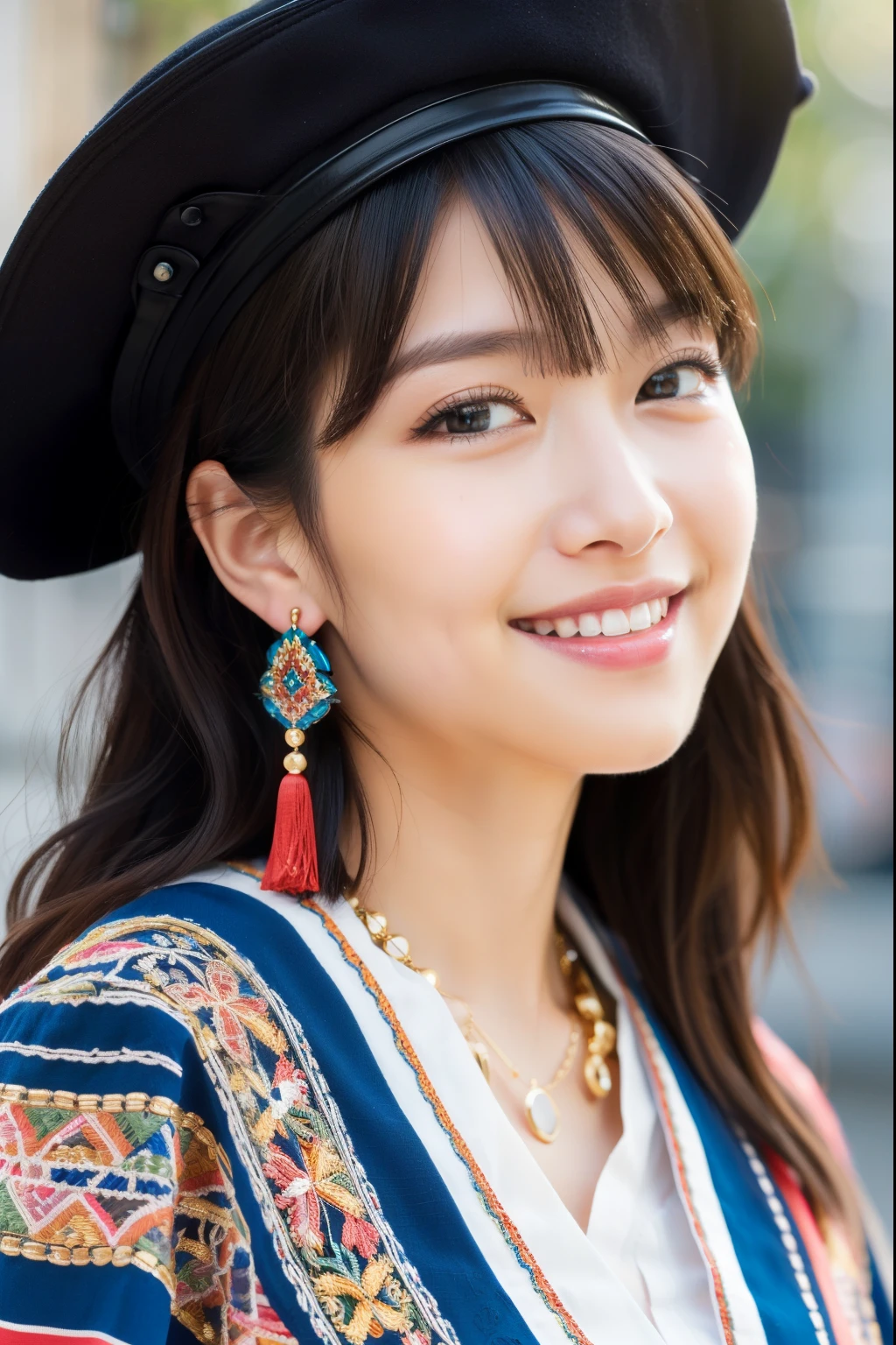 ulzzang-6500-v1.1,(masterpiece, highest quality:1.3), (Ultra-detailed 8K:1.2), (hyperrealistic:1.35),(Raw photo:1.2),highest quality, High resolution, wallpaper, realistic, ,rending with ArtStation, Trending on CGsociety, sharp focus, (dramatic, Realistic painting art by Midjourney:1.3)
BREAK
(Japanese women:1.3), 18 years old, (bewitching smile:1.3), action, gravure, sexy, super beautiful, beautiful skin, beautiful and detailed eyes, detailed face, slim, Moderately, clean long hair, brunette hair, dark brown eyes, look at the camera, (full shot:1.3),
BREAK
(Colorful bohemian poncho with intricate ethnic embroidery:1.4) paired with (simple black leggings:1.2) and (leather ankle boots:1.1). Accessorized with (beaded tassel earrings:1.3), (a stack of mixed metal bangles:1.2), and (a wide-brimmed felt hat:1.0).