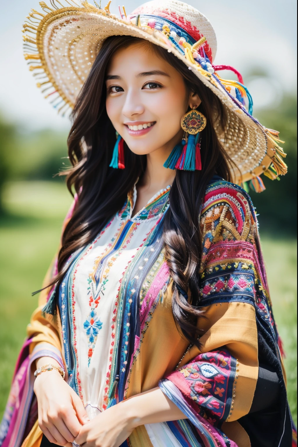 ulzzang-6500-v1.1,(masterpiece, highest quality:1.3), (Ultra-detailed 8K:1.2), (hyperrealistic:1.35),(Raw photo:1.2),highest quality, High resolution, wallpaper, realistic, ,rending with ArtStation, Trending on CGsociety, sharp focus, (dramatic, Realistic painting art by Midjourney:1.3)
BREAK
(Japanese women:1.3), 18 years old, (bewitching smile:1.3), action, gravure, sexy, super beautiful, beautiful skin, beautiful and detailed eyes, detailed face, slim, Moderately, clean long hair, brunette hair, dark brown eyes, look at the camera, (full shot:1.3),
BREAK
(Colorful bohemian poncho with intricate ethnic embroidery:1.4) paired with (simple black leggings:1.2) and (leather ankle boots:1.1). Accessorized with (beaded tassel earrings:1.3), (a stack of mixed metal bangles:1.2), and (a wide-brimmed felt hat:1.0).