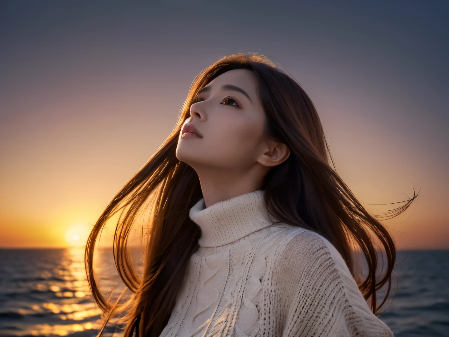 (knitwear), (top-quality,​masterpiece:1.3, Super high resolution), (ultra-detailliert,Caustics),(Photorealsitic:1.4,RAW shooting,)Ultra-realistic capture, A highly detailed, high-definition 16K for human skin, One Woman, Japanese, kawaii, A dark-haired, Middle hair,(((Background, sunset sky))), (((Background of the sea where the sunset is setting)))), (((Looking up from behind)))),  (((looking up afar at sunset sky))), hair blowing in the wind