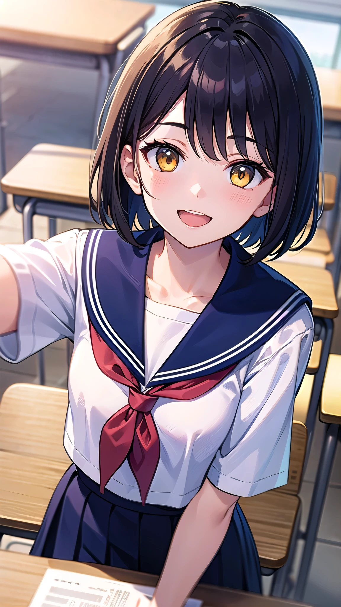 (masterpiece), (highest quality), (Super detailed), (beautiful illustrations), (pretty girl), 1 girl, black hair, short hair, yellow eyes, 16 years old, Detailed sailor suit, Navy blue sailor collar, red neckerchief, summer clothes, navy pleated skirt, smile, Thinly opened mouth, Close-up, proximity, school classroom, From before, From above, Upper body,