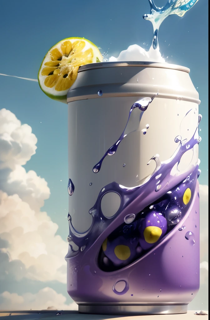 RAW photo, Vertical small and tall thin 2.5&quot; Beverage Can, Filled with standard 250ml matte purple liquid., Slightly tilted upward, facing the camera in a charming pose, Floating in the blue sky, filled with billowing white clouds., Pieces of bright passion fruit and small ice cubes, suspended in the air, scattered around., Everything is located in an abstract and bright space., topic, covering passion fruit and sky blue shades., Condensation forms intricate patterns on the can, Shiny water droplets, ultra high definition, A high resolution, detailed, hyperreal