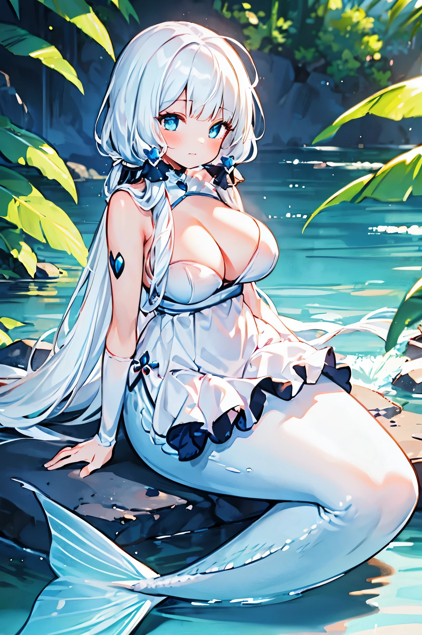 masterpiece, best quality,a female,big breasts,Mermaid,White fish tail,white hair,full-body shot,sitting position,charming脸(kawaii, charming,soft)