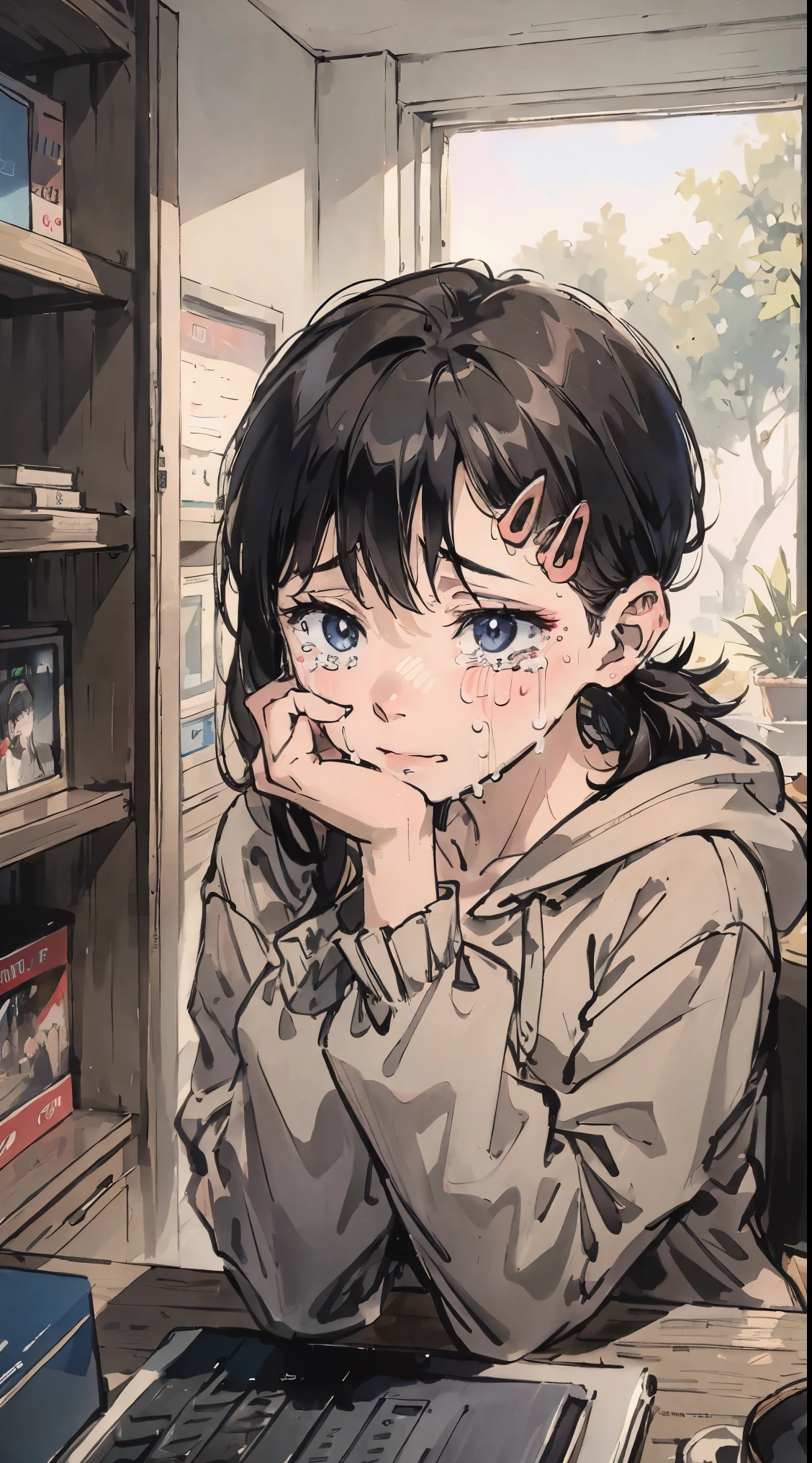 blue long hair, gray hoodie, looking here, dark room, head to the computer, Are crying