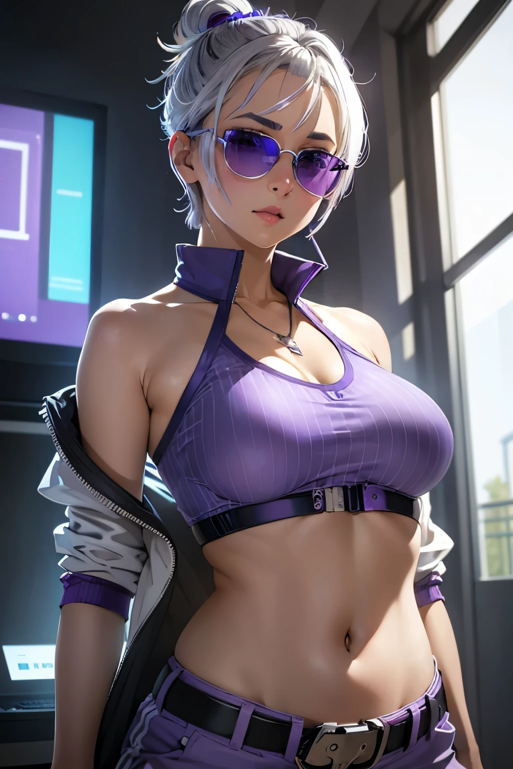 Silver hair short cut ponytail with blue-purple ribbon, anime eyes, blue-purple sunglasses on forehead, blue-purple blouson, white belt, blue-purple shorts, alloy necklace, exposed belly button, upward gaze, cheeky expression, look at me, futuristic computer room, background blur