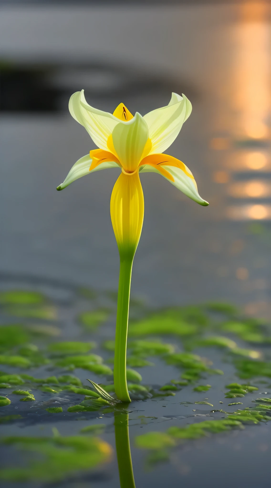 A narcissus lily,Close-up of upside down narcissus lily,Inverted narcissus lily swaying in the wind HD quality,imagine,sunset background