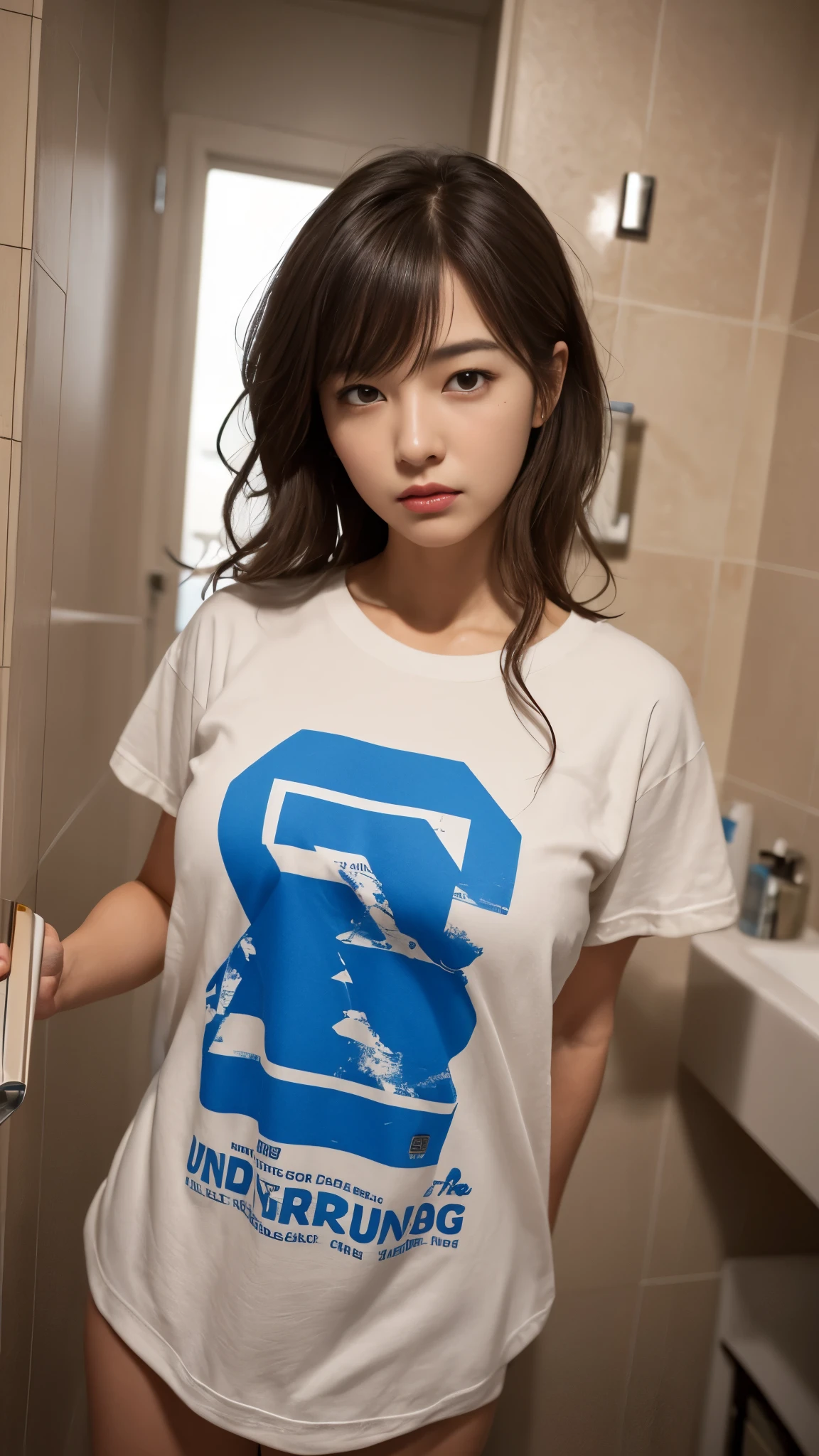 messy hair, clenching your teeth, annoyed, shy, hold your mouth, tear, surrealism, UHD, accurate, anatomically correct, textured skin, super detail, high details, best quality, 8 thousand, HD, (in the bathroom), (holding in urine), (치마를 붙잡고 holding in urine), background of bathroom, D-cup breasts, Her view from below, (extra large long t-shirt:1.3),