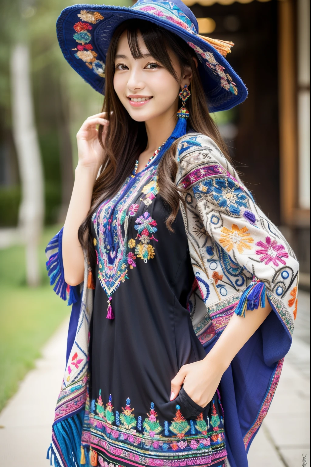 ulzzang-6500-v1.1,(masterpiece, highest quality:1.3), (Ultra-detailed 8K:1.2), (hyperrealistic:1.35),(Raw photo:1.2),highest quality, High resolution, wallpaper, realistic, ,rending with ArtStation, Trending on CGsociety, sharp focus, (dramatic, Realistic painting art by Midjourney:1.3) 
BREAK 
(Japanese women:1.3), 18 years old, (bewitching smile:1.3), action, gravure, sexy, super beautiful, beautiful skin, beautiful and detailed eyes, detailed face, slim, Moderately, clean long hair, brunette hair, dark brown eyes, look at the camera, (full shot:1.3),
BREAK 
(Colorful bohemian poncho with intricate ethnic embroidery:1.4) paired with (simple black leggings:1.2) and (leather ankle boots:1.1). Accessorized with (beaded tassel earrings:1.3), (a stack of mixed metal bangles:1.2), and (a wide-brimmed felt hat:1.0).