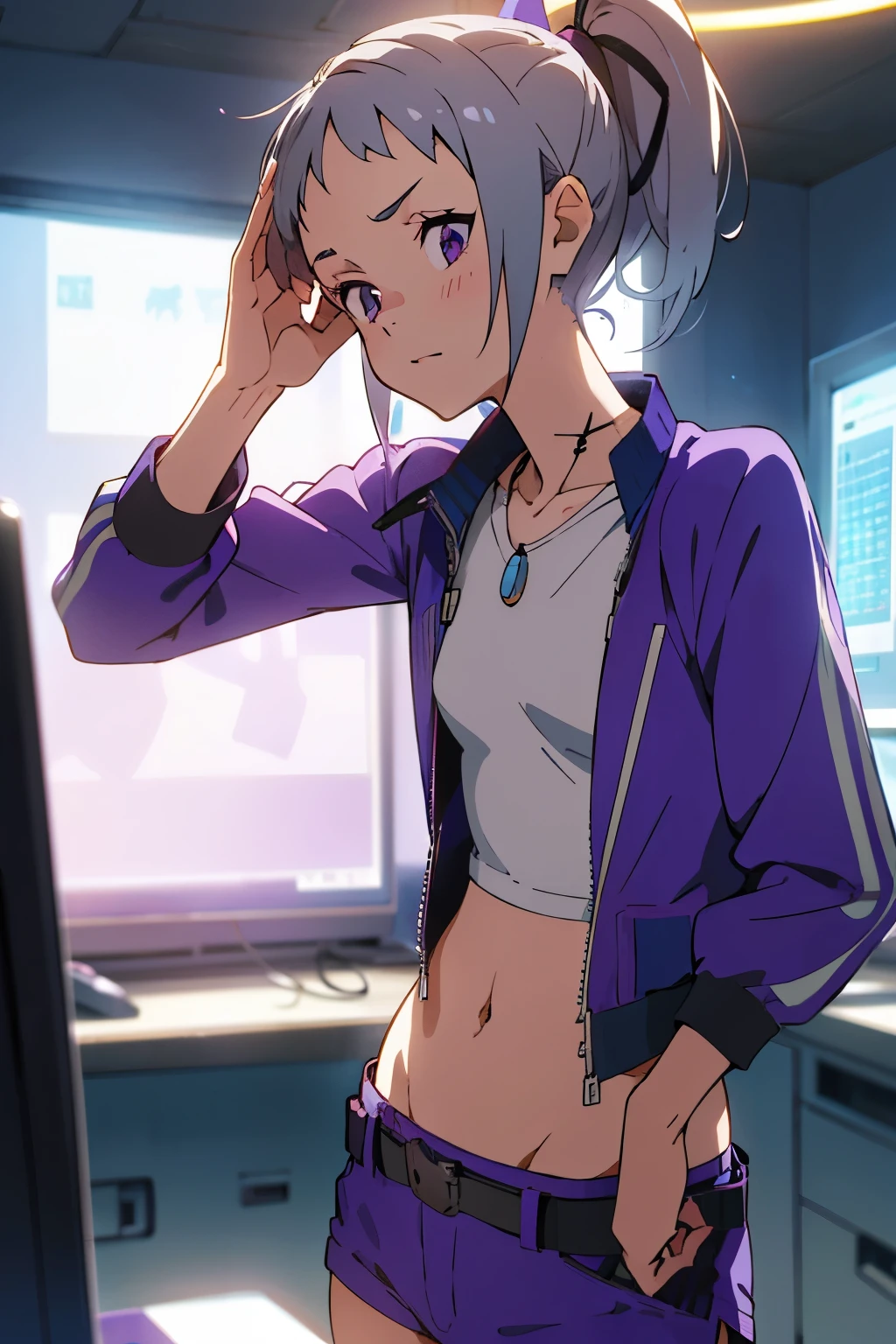 Silver hair short cut ponytail with blue-purple ribbon, anime eyes, blue-purple sunglasses on forehead, blue-purple blouson, white belt, blue-purple shorts, alloy necklace, exposed belly button, upward gaze, cheeky expression, look at me, futuristic computer room, background blur