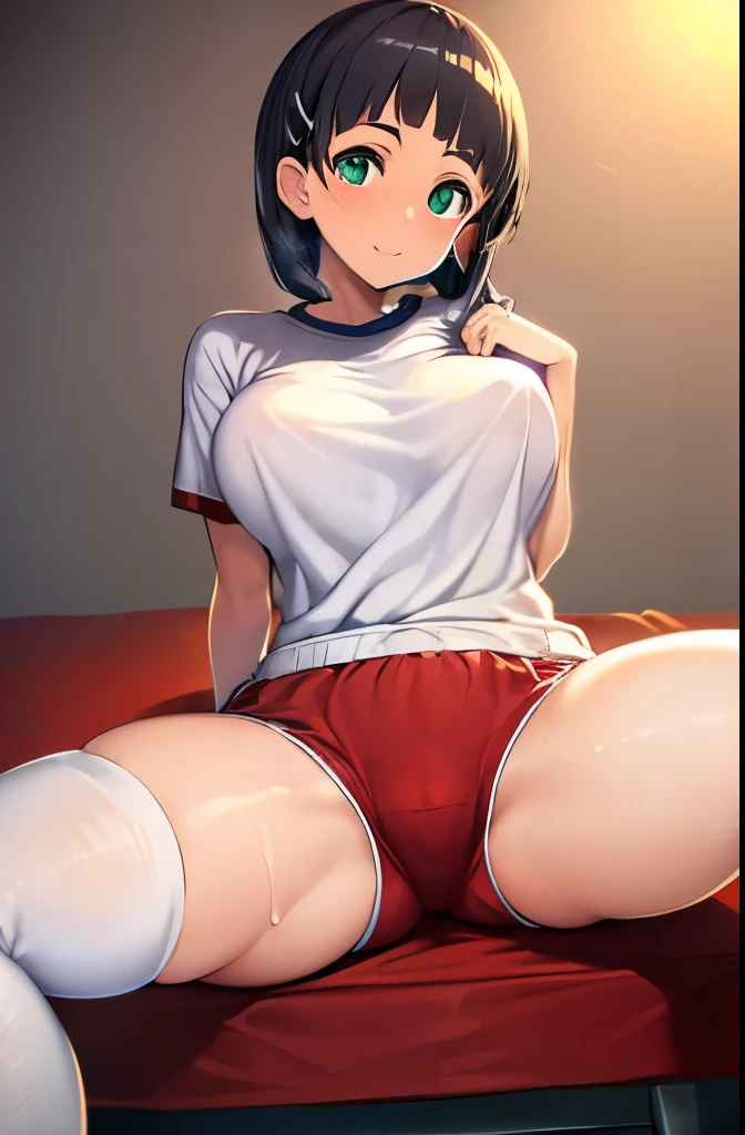 very huge  , (T-shirt and red bloomers:1.5), Naoha Kirigaya(Sword Art Online), 1 girl, bob hair, black hair, hair clip, masterpiece, green eyes, highest quality, Sexy、Kazuto Kirigaya&#39;s bedroom、dynamic angle,, full body portrait、A smile only on the lips、empty eyes、sweaty:1.3、blush:1.3、Brainwashed Suguha Kirigaya、detailed skin、detailed costumes、detailed face、knee socks、Absolute area、nipple erection、full body portrait、sit on the bed and open your legs、Liquid flowing from the crotch、