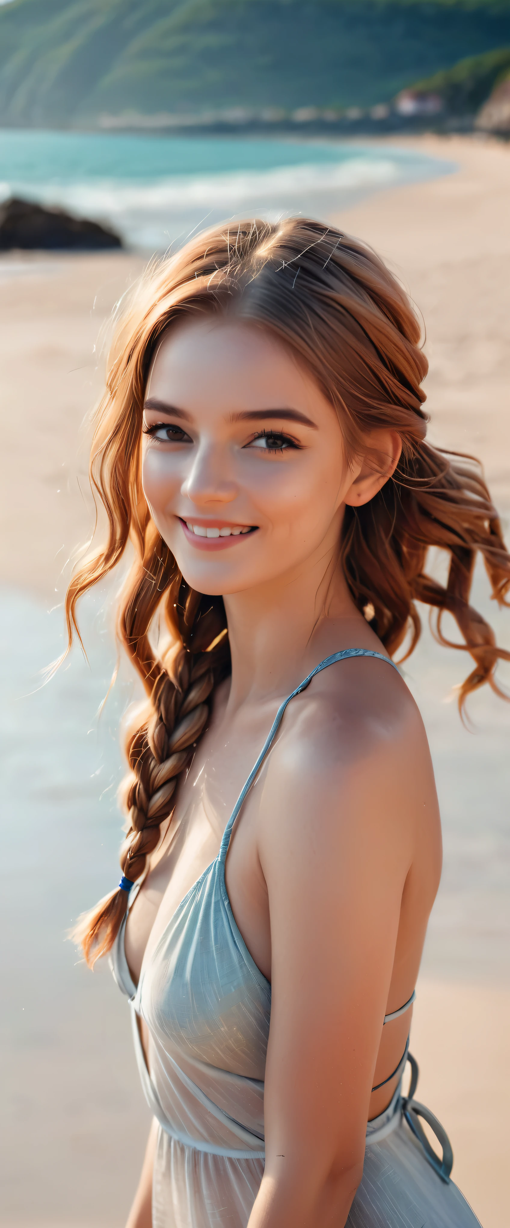 ((close):1.1), outline with black ink, smooth lines, Express facial expressions and posture with contrast of ink, The background is a sandy beach. emphasize the light, shadow and space. ((Nordic beauty with good style)). bright auburn hair, (messy braided hairstyle), ((Fresh)), ((become familiar with_beautiful eyes):1.1), wearing a bikini, Fine art, figurative art, wear proper clothes. sexy images, | (highest quality, 4k, 8K, High resolution,masterpiece:1.2), Super become familiar with,(actual, photoactual, photo-actual:1.37).smile with your mouth closed,Look towards the camera,dimples of laughter