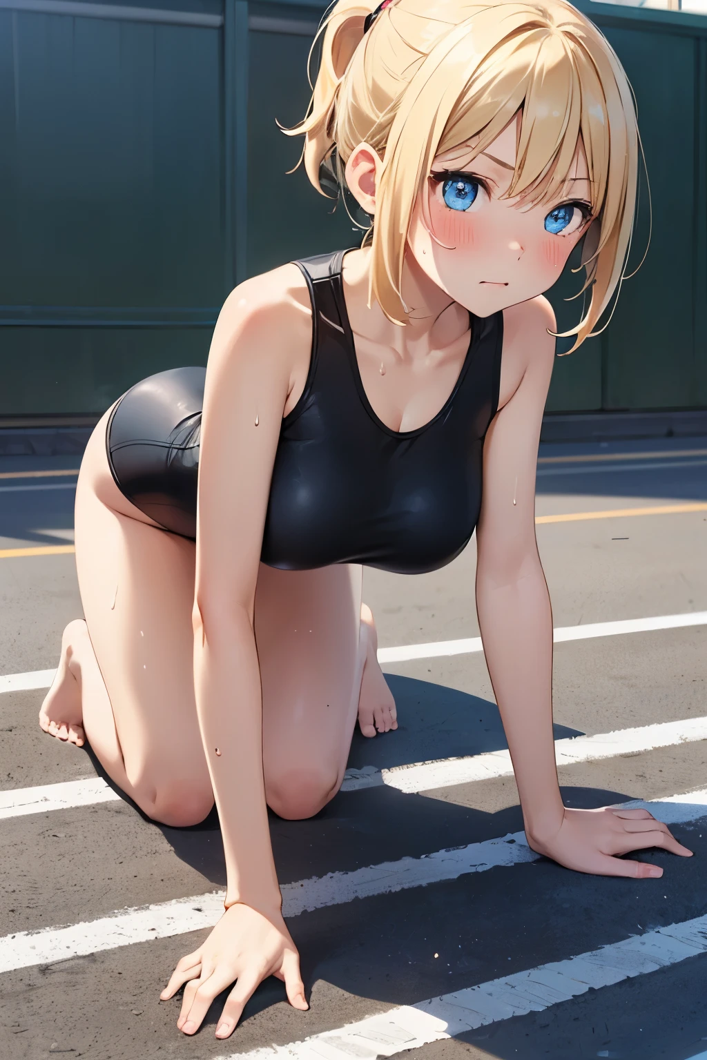 Elementary school students nearby,1 girl,blue eyes, blonde,ponytail, big breasts,black leotard,barefoot,Super High Leg Cut, serious face,blush,Sweat,primary school,full body figure,crawl forward