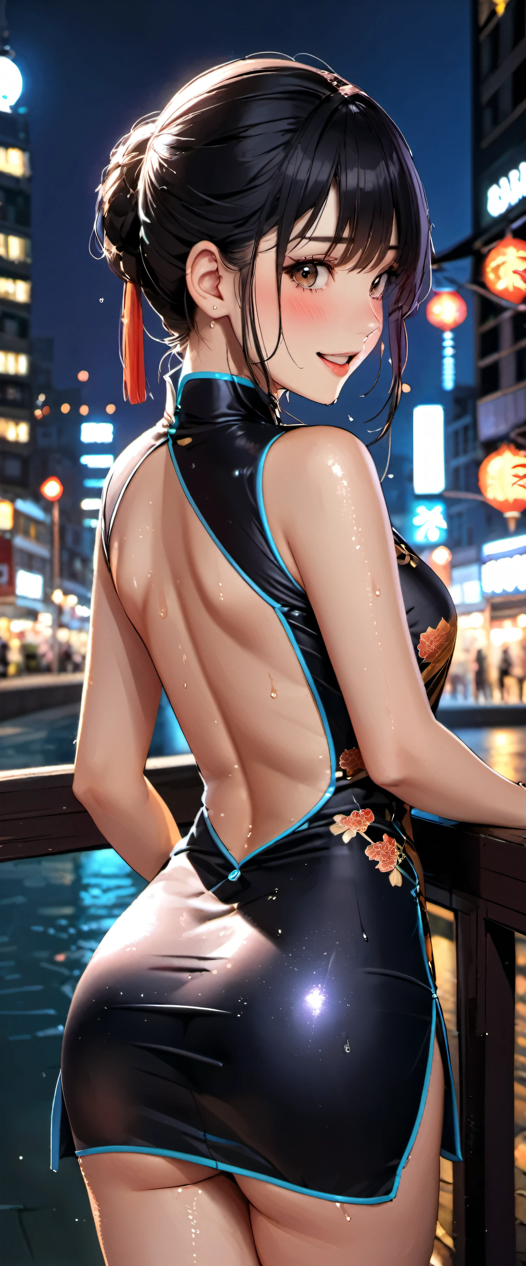 woman,20-year-old,,city,night,(((China dress))),,open mouth smile(),(()),((black hair)),blush、,((())),((look back))(wet with sweat)Reflecting the buttocks