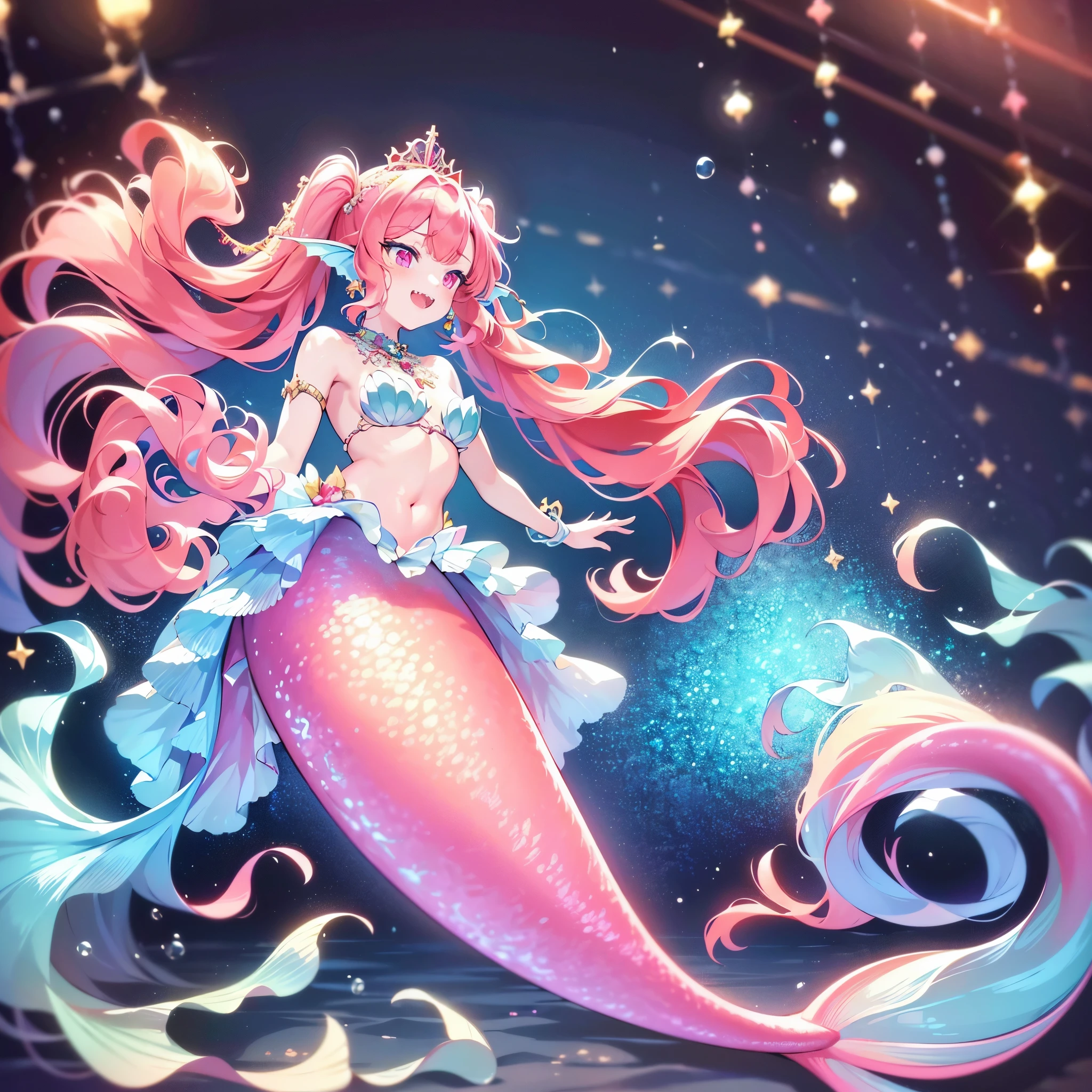 (best quality,4k,8k,highres,masterpiece:1.2),ultra-detailed, Pretty 15 years old princess magically transformed into a beautiful mermaid, race swap, fantastic transformation, none human, steampunk, fish like, wet body, surrounded by small bubbles, long mermaid tail below waistline, fins ears, shimmering red fish scales, drawn in anime style, very long pigtails red hair, sharp teeth, is smiling, pink eyes, small breast, long pelvic and dorsal fins, pair of fish gills on the torso, seashells bra, star hair ornaments, pearl earrings and bracelets, pearl necklace, hair ribbons, gold tiara, ocean depths, swimming underwater, joyful expression, playful mermaid poses, sparkling water, water reflections, ethereal atmosphere, subtle glow, whimsical and enchanting, checking her new body, underwater world, colorful coral reef, magical underwater lighting, vivid colors, breathing underwater, endless ocean depths, sunlight filtering through the water, Highly detailed, masterpiece, high quality, 4K.