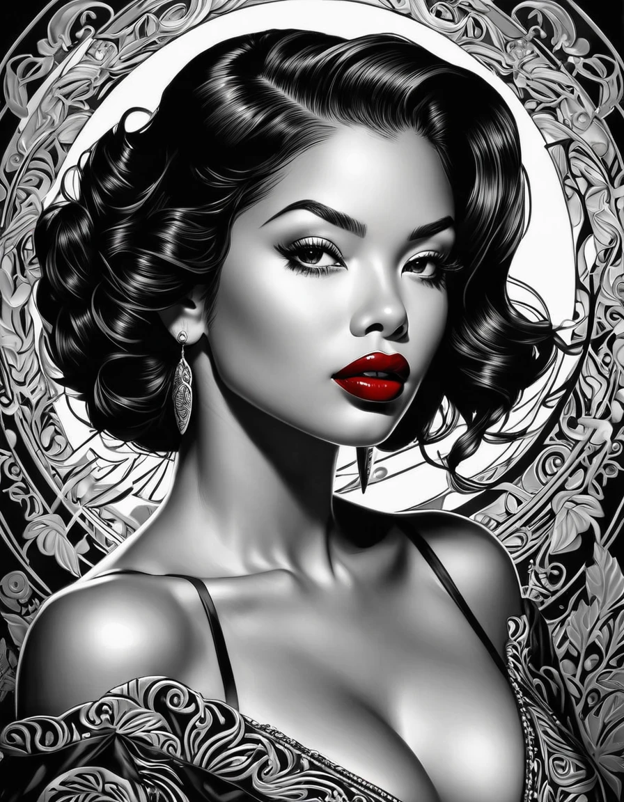 female, fantasy, beauty, in the style of noir comic art, realistic hyper-detailed portraits, black and white grayscale, chicano art, dark cherry red lipstick, realistic yet romantic, flowing lines --ar 23:36 --stylize 750