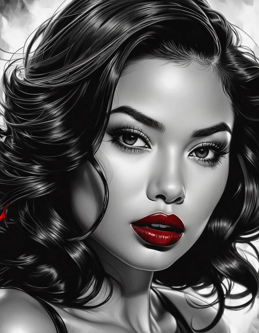 female, fantasy, beauty, in the style of noir comic art, realistic hyper-detailed portraits, black and white grayscale, chicano art, dark cherry red lipstick, realistic yet romantic, flowing lines --ar 23:36 --stylize 750