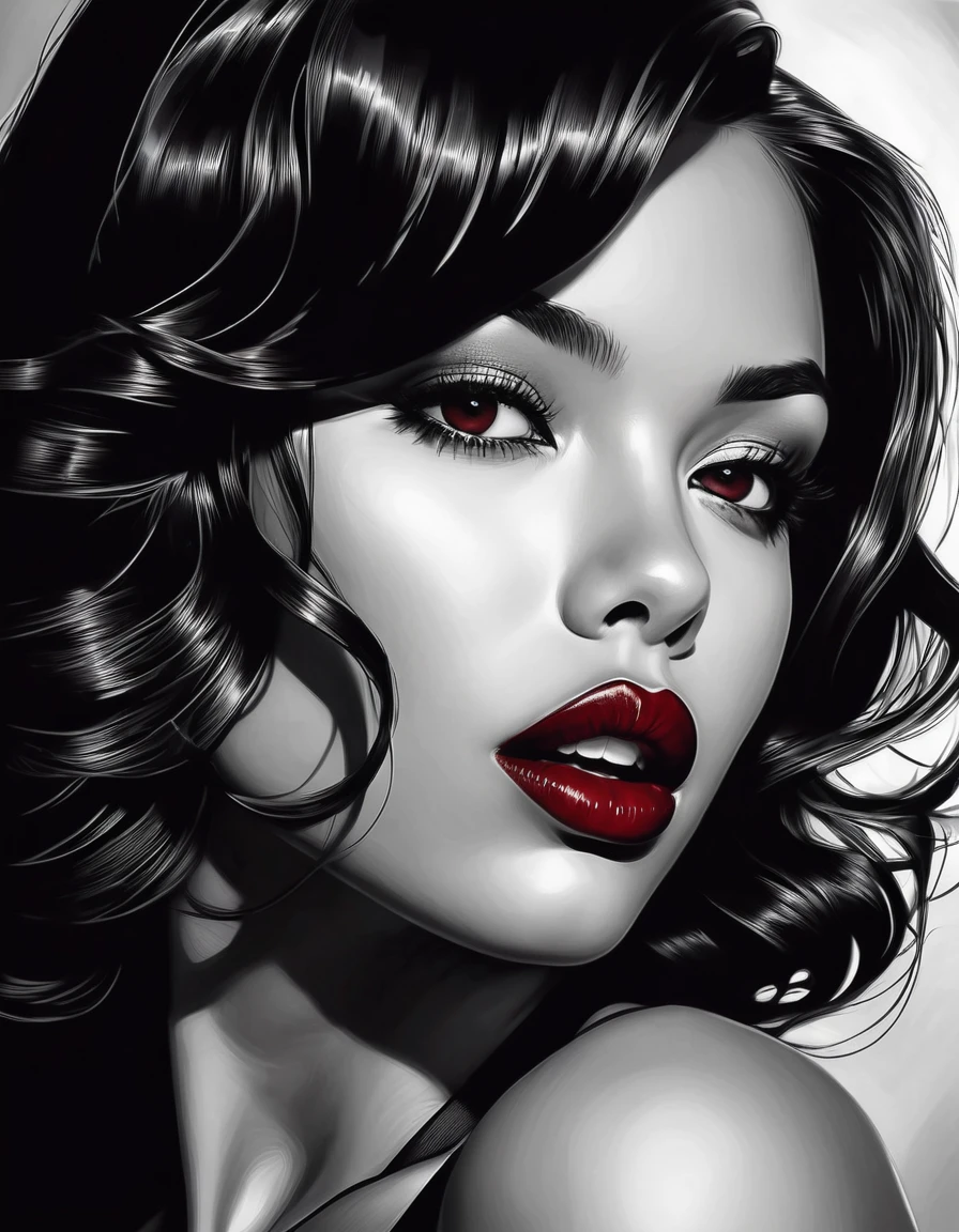 female, fantasy, beauty, in the style of noir comic art, realistic hyper-detailed portraits, black and white grayscale, chicano art, dark cherry red lipstick, realistic yet romantic, flowing lines --ar 23:36 --stylize 750