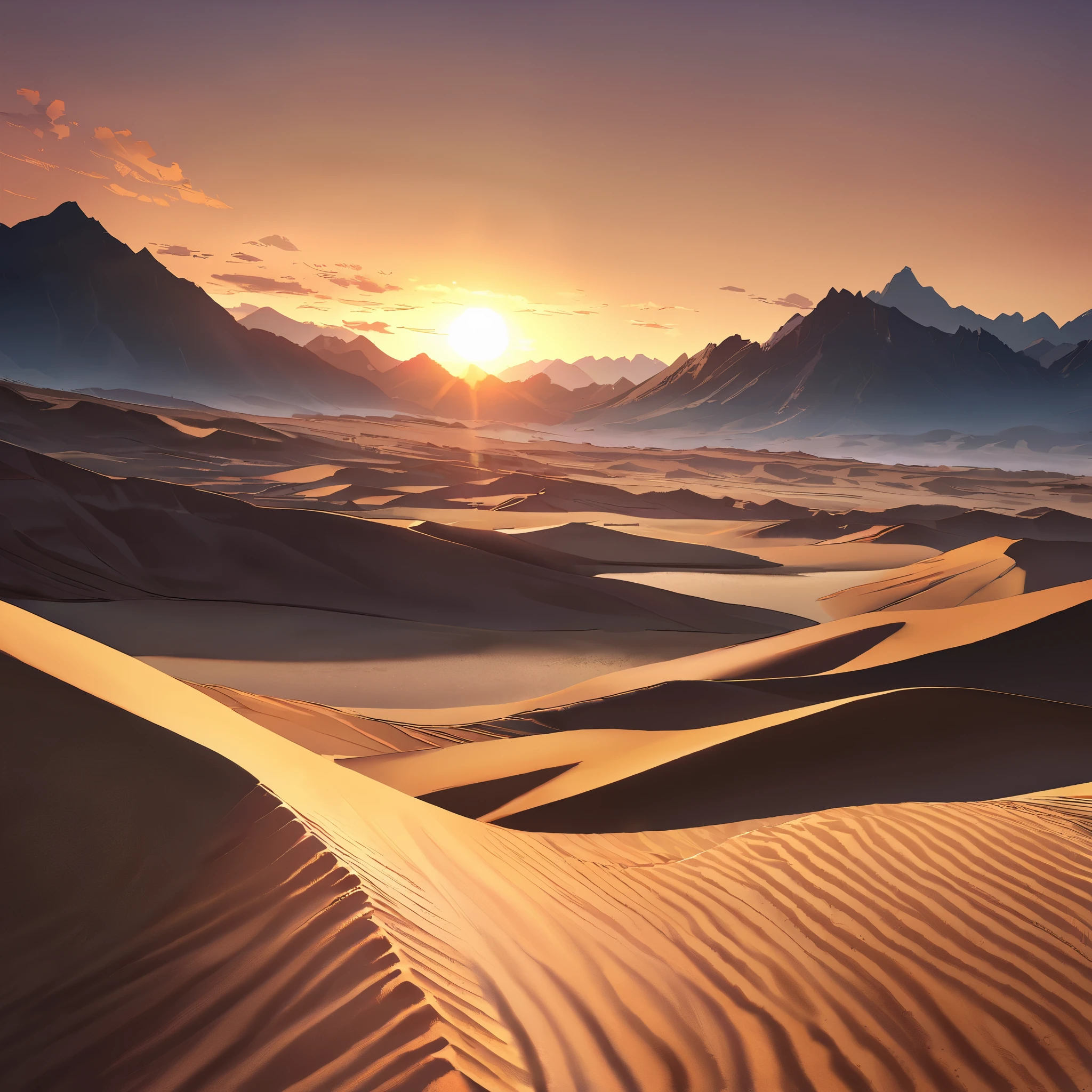 A wide-angle shot of a majestic desert landscape under a clear sky, featuring rugged mountains in the distance and a setting sun, creating a serene and vast atmosphere. The sandy desert terrain is highlighted by the warm sunlight, with scattered clouds adding drama to the scene. The scene is beautifully tranquil with a sense of grandeur.