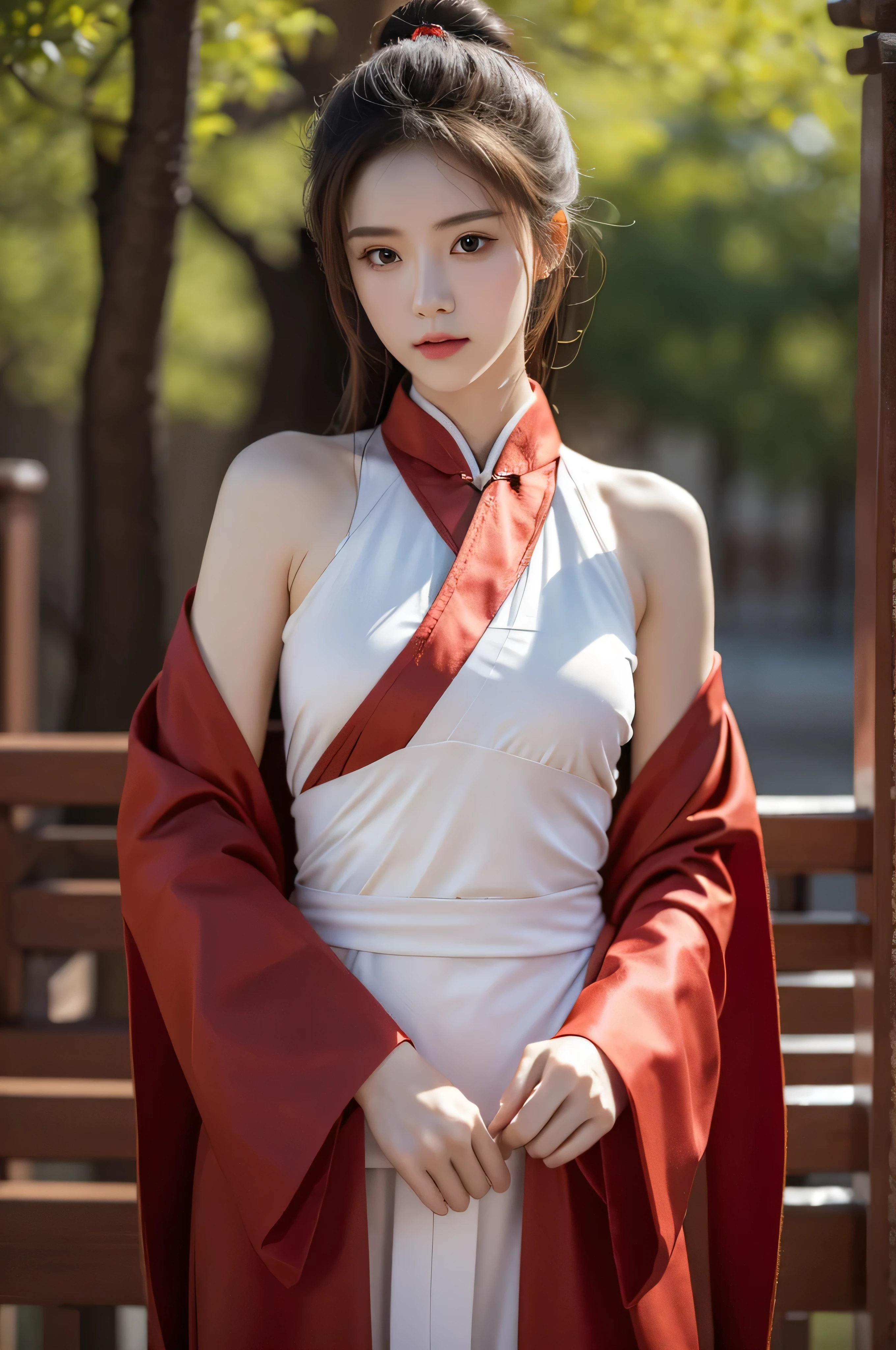 Fair, masterpiece, best quality, extremely detailed face,1 girl, alone，wrap your chest，Light red Hanfu，whole body