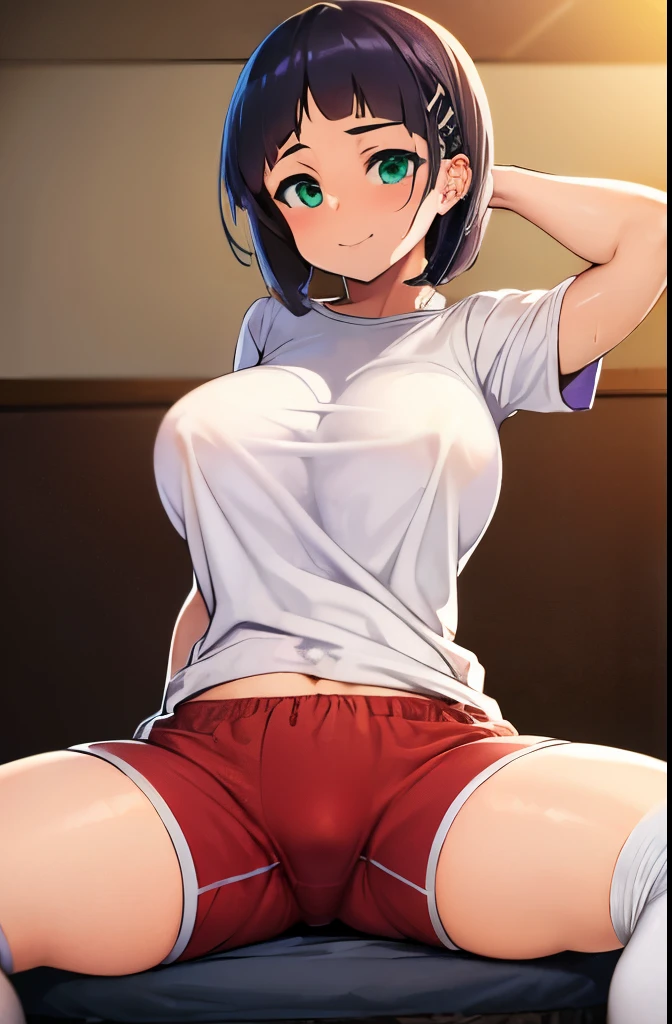 very huge , (T-shirt and red bloomers:1.5), Naoha Kirigaya(Sword Art Online), 1 girl, bob hair, black hair, hair clip, masterpiece, green eyes, highest quality, Sexy、Kazuto Kirigaya's bedroom、dynamic angle,, full body portrait、A smile only on the lips、empty eyes、sweaty:1.3、blush:1.3、detailed skin、detailed costumes、detailed face、knee socks、Absolute area、nipple erection、full body portrait、sit on the bed and open your legs、Liquid flowing from the crotch、