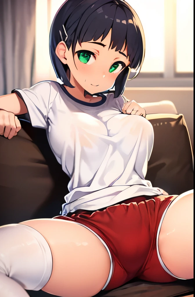 very huge , (T-shirt and red bloomers:1.5), Naoha Kirigaya(Sword Art Online), 1 girl, bob hair, black hair, hair clip, masterpiece, green eyes, highest quality, Sexy、Kazuto Kirigaya's bedroom、dynamic angle,, full body portrait、A smile only on the lips、empty eyes、sweaty:1.3、blush:1.3、detailed skin、detailed costumes、detailed face、knee socks、Absolute area、nipple erection、full body portrait、sit on the bed and open your legs、Liquid flowing from the crotch、