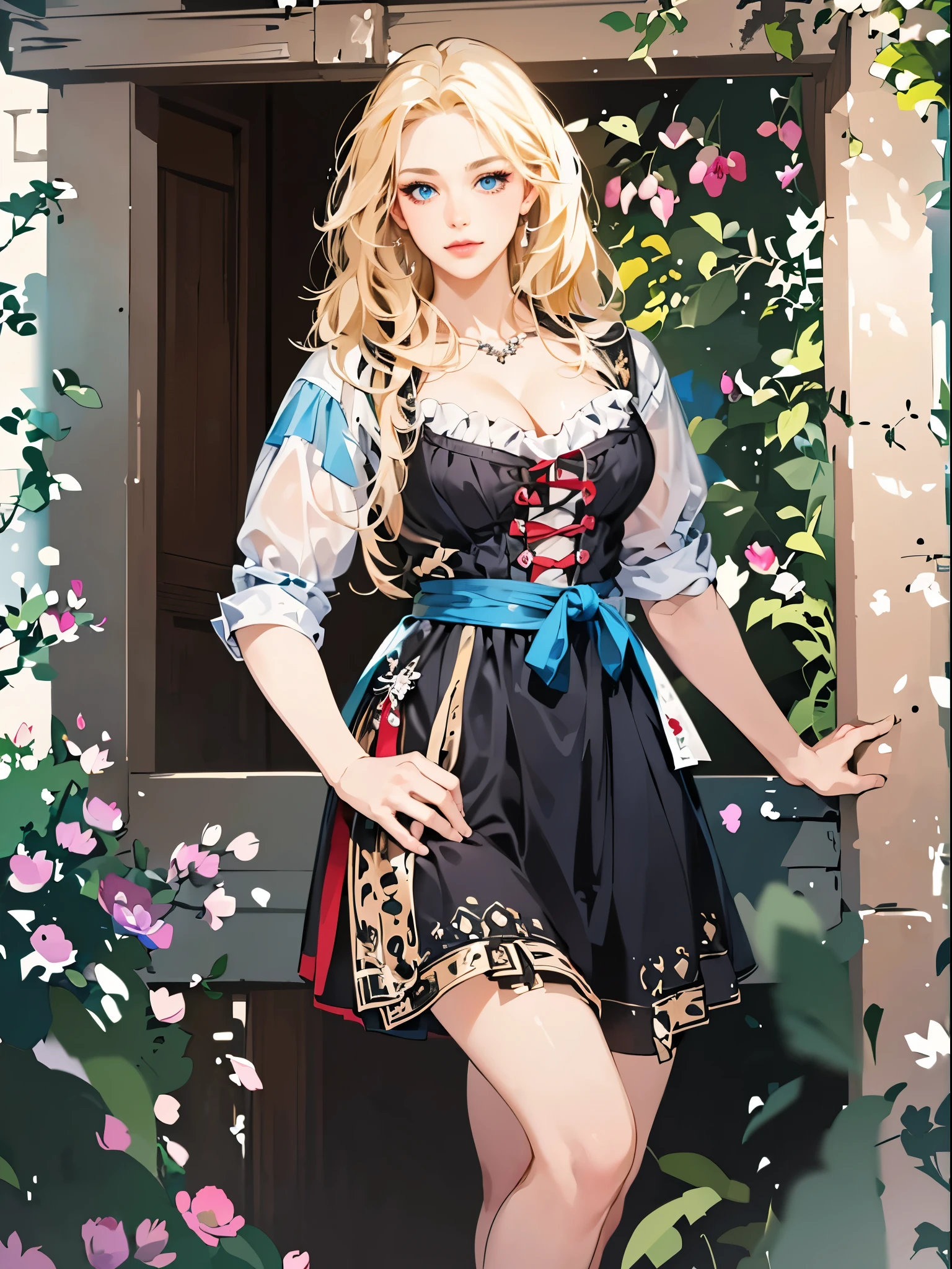 (best quality, ultra-detailed, realistic:1.37), Bavarian woman, long blond hair, blue eyes, curvaceous body, short skirt Dirndl Dress, partial exposed breast, alluring mole, mature and confident, milf, vibrant colors, studio lighting, ((full body pose)), Bavarian nature background.