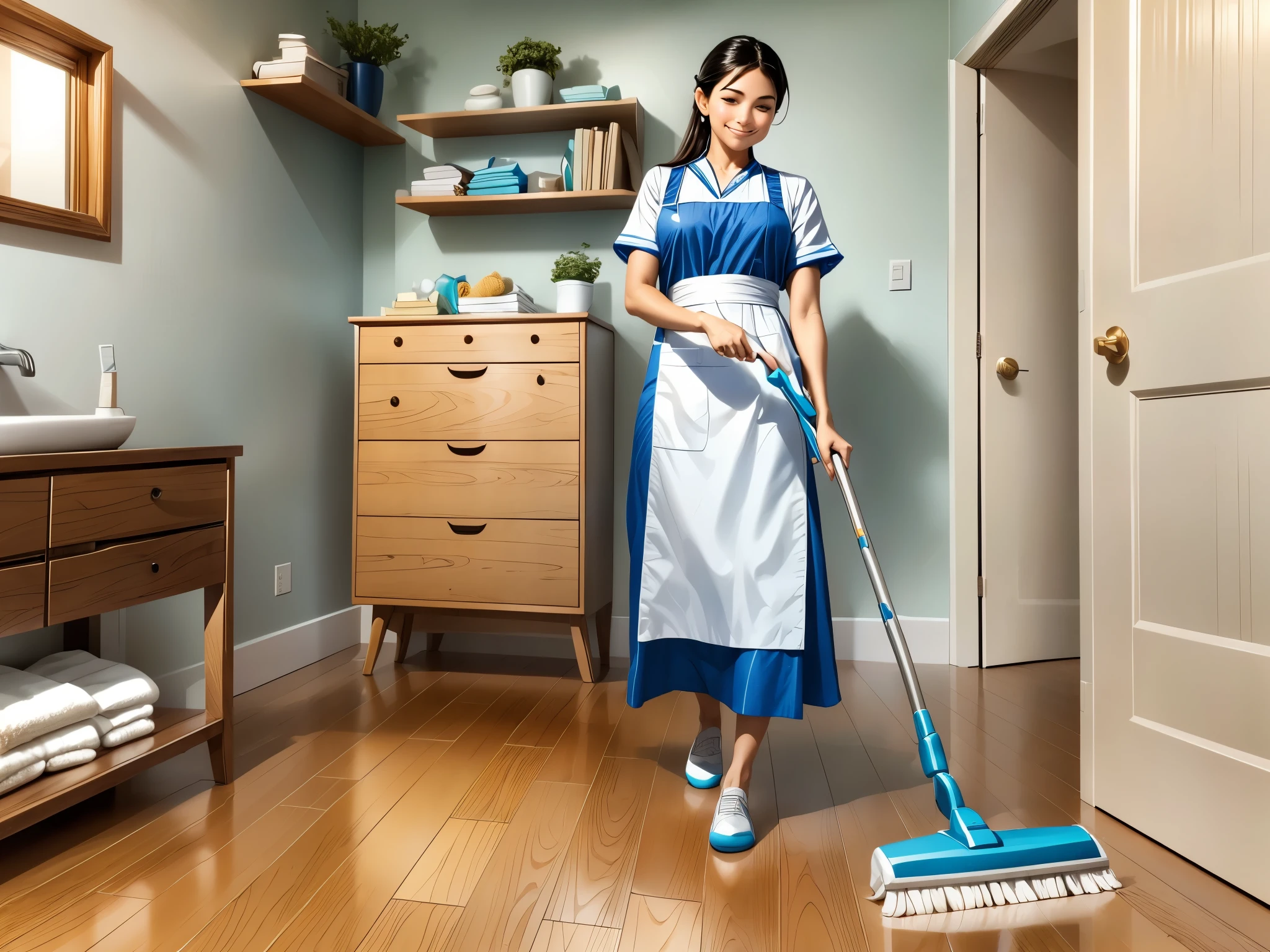 maid cleaning the room,detailed cleaning tools,bright and tidy room,spotless floor,neatly arranged furniture,vacuum cleaner in action,freshly wiped windows,homely atmosphere,clean and organized closet,linens neatly folded,bright sunlight streaming in,bouquet of fresh flowers on the table,professional cleaning supplies,sparkling clean bathroom,streak-free mirrors,disinfected surfaces,pleasant fragrance in the air,(best quality,highres) image,polished wooden floor,crispy clean bedsheets,flawless windowpanes,methodical and efficient maid,gleaming fixtures and appliances,clean and dust-free shelves,mapping technique to remove dirt and dust,vibrant colors,attention to detail,pleasant cleaning experience,masterpiece-image quality,meticulously scrubbed tiles,buffing the floors to perfection,(realistic:1.37) visuals,professional cleaning services,properly sanitized space,meticulous cleaning techniques,vivid hues and shades,well-maintained living space,refined maid uniform,meticulous house cleaning,+100 cleanliness and hygiene.