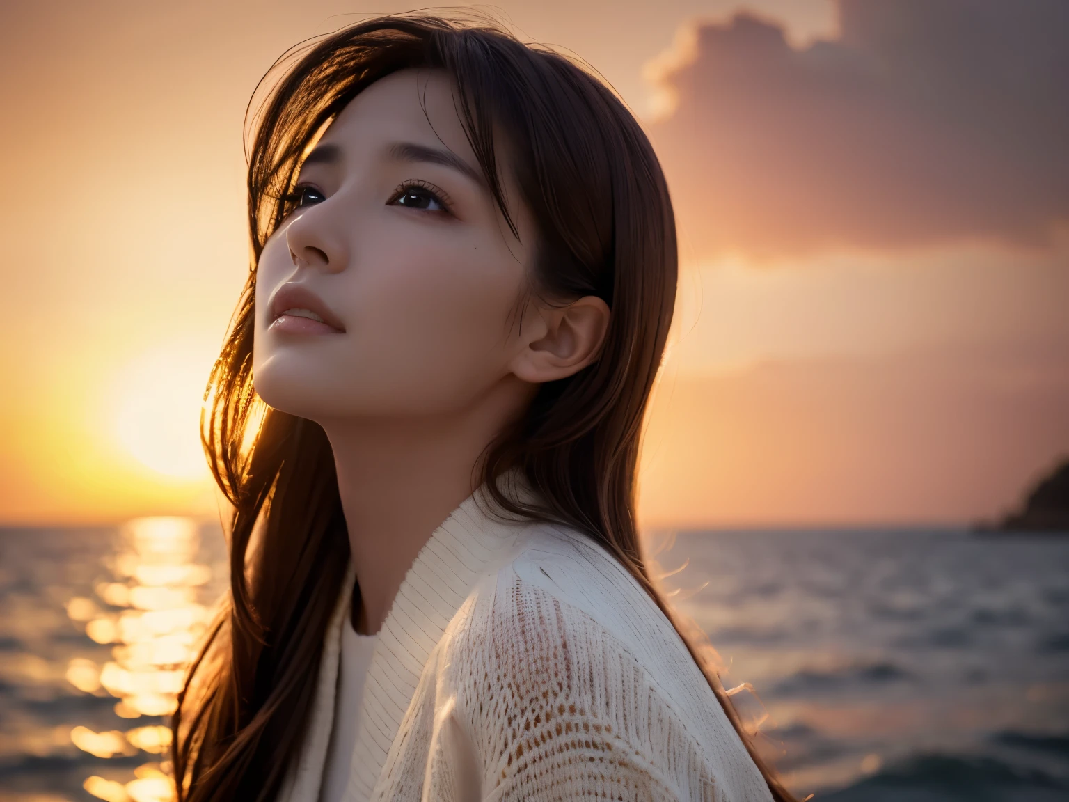 (knitwear), (top-quality,masterpiece:1.3, Super high resolution), (ultra-detailliert,Caustics),(Photorealsitic:1.4,RAW shooting,)Ultra-realistic capture, A highly detailed, high-definition 16K for human skin, Wistful, One Woman, Japanese, kawaii, A dark-haired, Middle hair,(((Background, sunset sky))), (((Background of the sea where the sunset is setting)))), (((Looking up from behind)))), (((looking up afar at sunset sky))), hair blowing in the wind