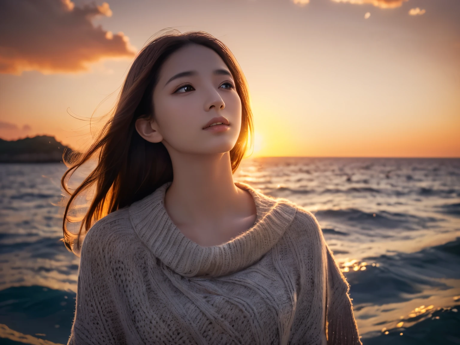 (knitwear), (top-quality,​masterpiece:1.3, Super high resolution), (ultra-detailliert,Caustics),(Photorealsitic:1.4,RAW shooting,)Ultra-realistic capture, A highly detailed, high-definition 16K for human skin, Wistful, One Woman, Japanese, kawaii, A dark-haired, Middle hair,(((Background, sunset sky))), (((Background of the sea where the sunset is setting)))), (((Looking up from behind)))),  (((looking up afar at sunset sky))), hair blowing in the wind