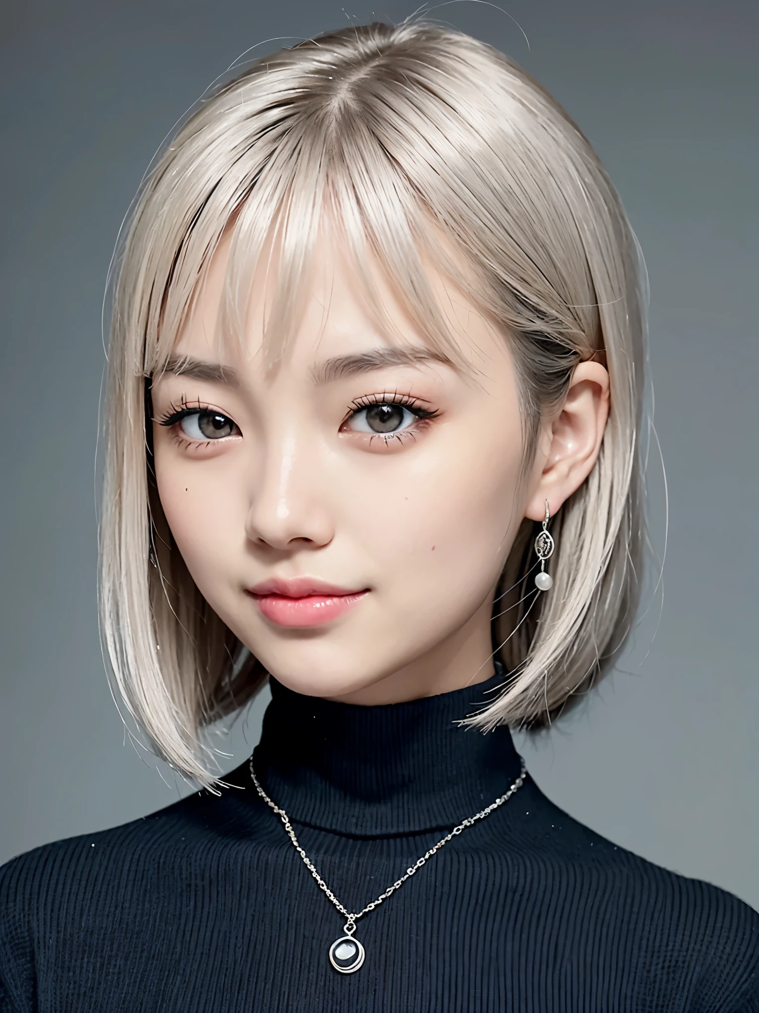 Realistic, masterpiece, highest quality, highest resolution, A portrait depicting only the upper body of a Japanese woman, A happy smile, slightly turned to the side, definitely looking at the audience, beautiful detailed eyes, black eyes, thin eyebrows, Carefully draw eyelashes, natural makeup, middle hair, Silver hair with blue tips, detailed face, Simple design black turtleneck sweater, simple design silver earrings, Silver necklace with tiny moon-shaped charm