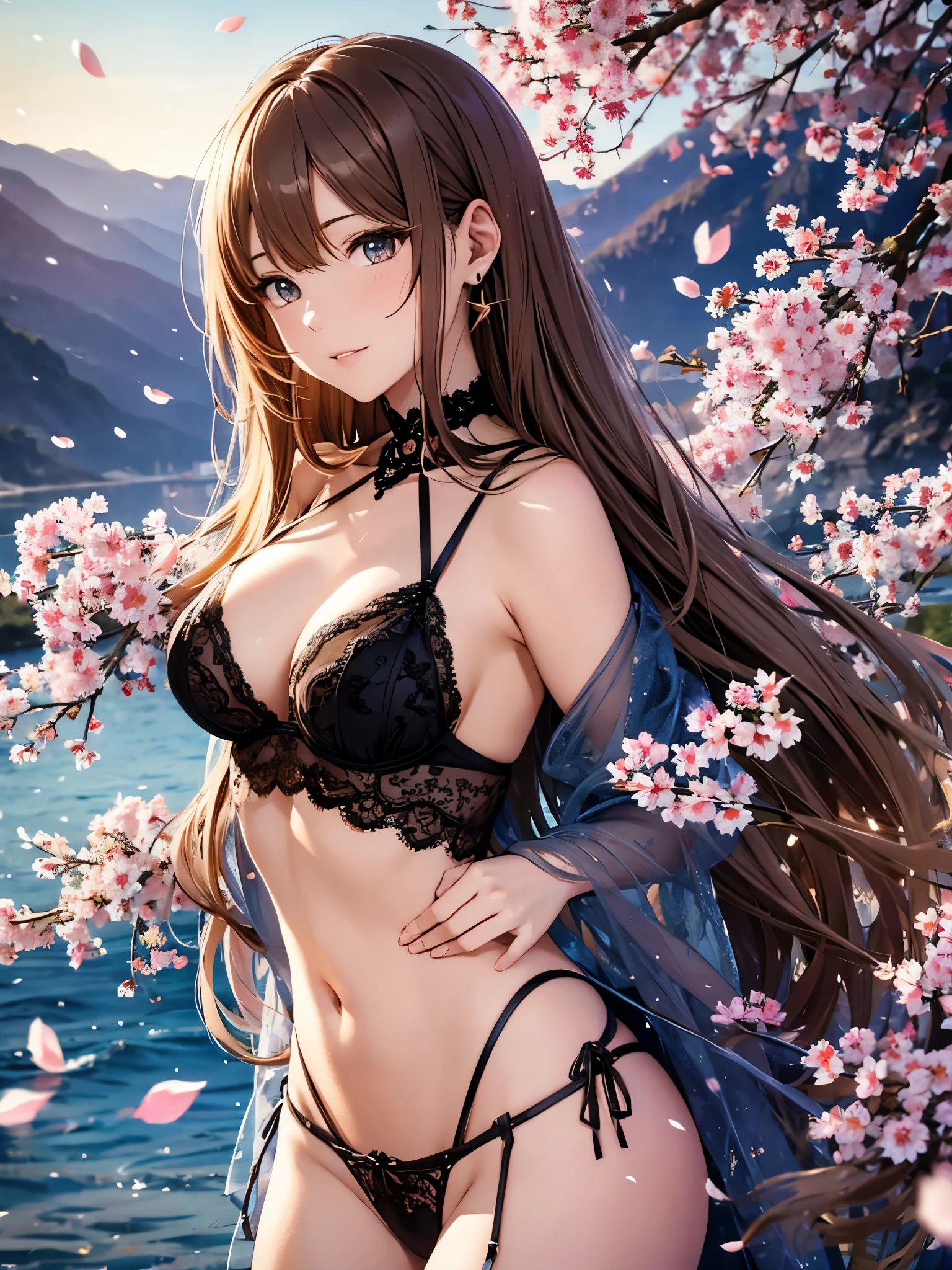 Asuna, masterpiece, best quality, detailed, (1 girl), alone, detailed golden eyes, long hair, permanent, Be close to the audience, (sexy lingerie), gentle smile, Plump breasts,  (Put your arms behind your back), water, Sunset, (earring), (cherry blossoms in bloom),  Snowy mountains and lake in the background