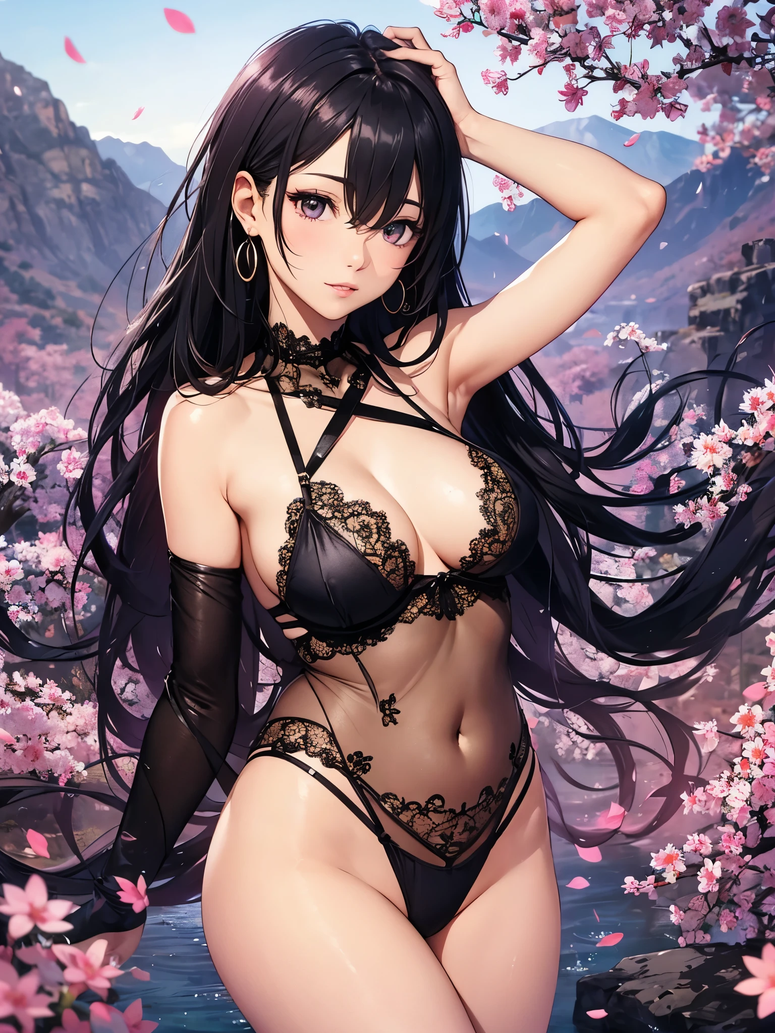 Asuna, masterpiece, best quality, detailed, (1 girl), alone, detailed golden eyes, long hair, permanent, Be close to the audience, (sexy lingerie), gentle smile, Plump breasts, (Put your arms behind your back), water, Sunset, (earring), (cherry blossoms in bloom), Snowy mountains and lake in the background