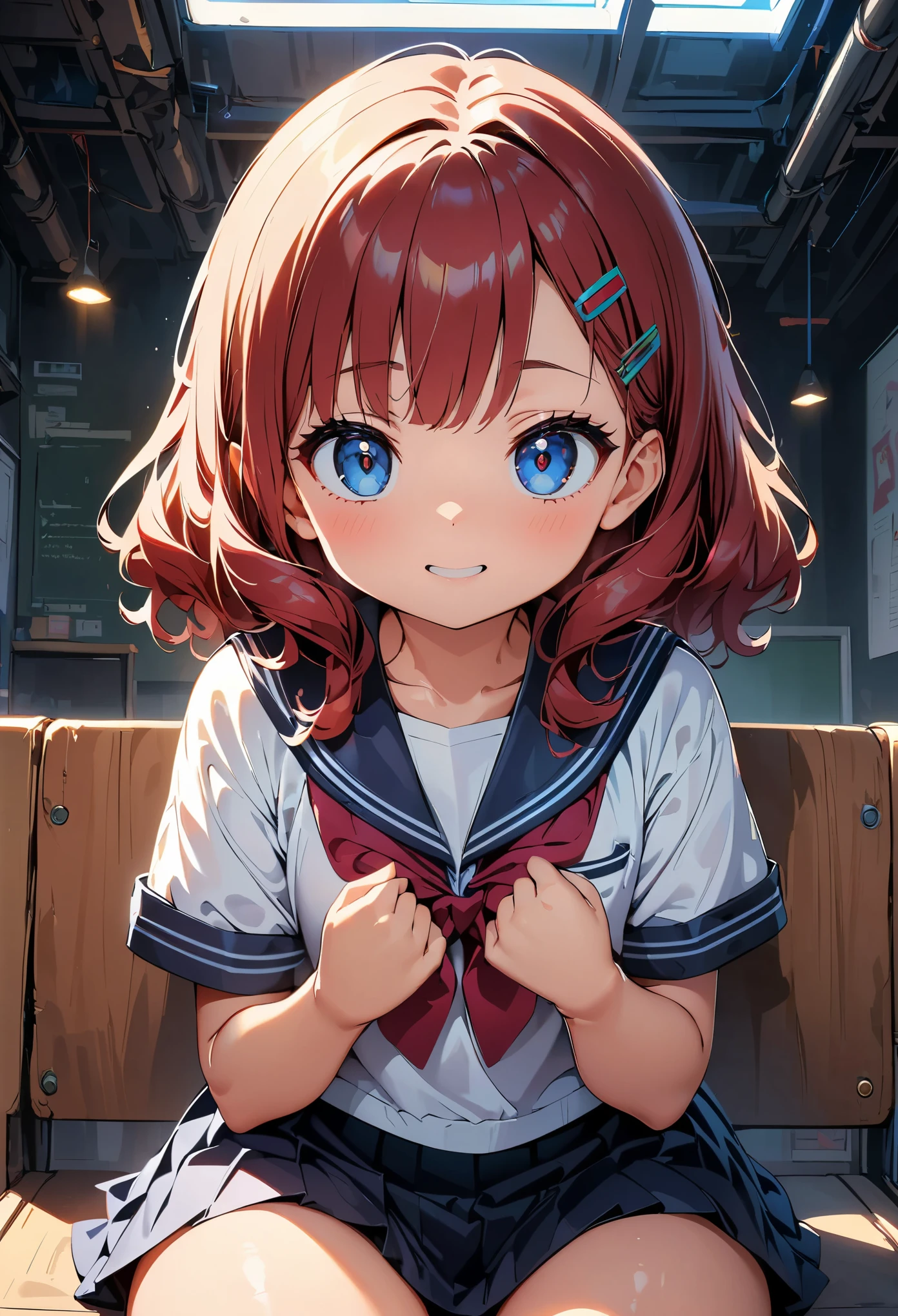 concept:beautiful woman portrait。 quality:NSFW, (最高quality, 4k, High resolution, masterpiece:1.2), Super detailed, (animeスタイル, anime:1.37), lighting effects:strong contrast, Bright colors and mesmerizing effects, Soft and delicate lighting, gentle shine, Subject information:alone, ((girl child)), (round eyes), (small face), (high detail skin:1.2), long eyelashes, glossy lips, (light blue hair, wavy hair, red hair clip, blue eyes), (slim body shape), Highly detailed face and skin texture, (Joyful), (sailor suit), droopy eyes, facing the front, cowboy shot:1.2, seductive thighs, Other details:school classroom:1.5, Sitting in a split seat, Hands between the crotches, beautiful skin, shiny skin, perfect fingers, five fingers, anatomically correct, background bokeh, 50㎜, f/1.4, photo shoot,