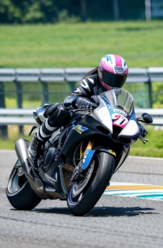 best quality, detailed, beautiful, insanely detailed, absurdres,perfect anatomy,
Japanese woman,black hair,27 years old,
(slender),
(small breasts),
full body shot, Female rider racing on the circuit, (forward leaning posture:1.1)
