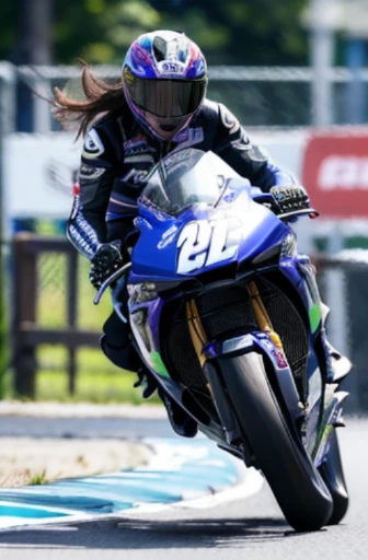 best quality, detailed, beautiful, insanely detailed, absurdres,perfect anatomy,
Japanese woman,black hair,27 years old,
(slender),
(small breasts),
full body shot, Female rider racing on the circuit, (forward leaning posture:1.1)