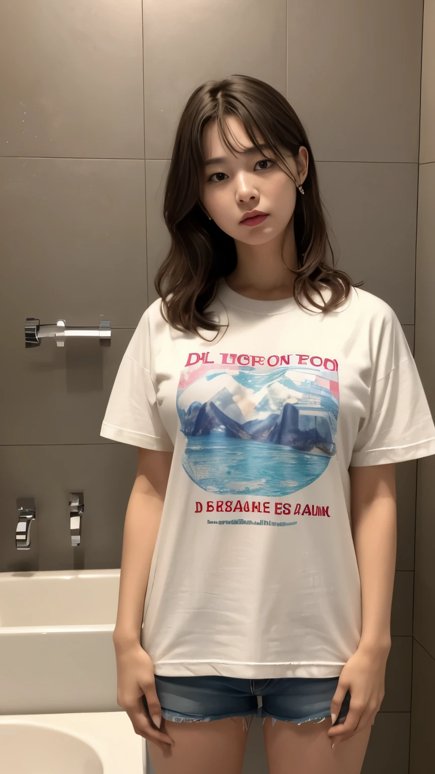 messy hair, clenching your teeth, annoyed, shy, hold your mouth, tear, surrealism, UHD, accurate, anatomically correct, textured skin, super detail, high details, best quality, 8 thousand, HD, (in the bathroom), (holding in urine), (치마를 붙잡고 holding in urine), background of bathroom, D-cup breasts, Her view from below, (extra large long t-shirt:1.3),