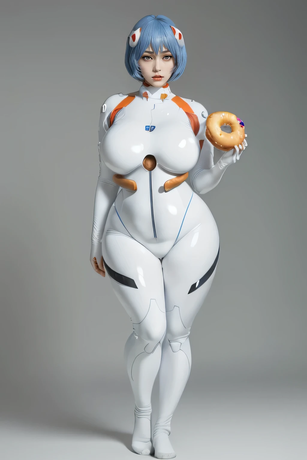 ((masterpiece)), ((photorealistic)), ((8k wallpaper)), ((best quality)), ((perfect quality)), solo, (detailed eyes:0.9), girl, blue short hair, Ayanami Rei, very beautiful, pose: ( standing, (eating donut), arm on belly), face : ( (very beautiful face), eating donut, asian, japanese, (perfect face), (plump face), plump cheeks, cute face, young ) , figure: ( very full body, (very thick), (a bit chubby), (very wide waist), (a bit chubby belly), very soft, very curvy, (huge breasts), sexy, (big deep navel), (love handles), fat thighs, long legs, fat ass, (muffin top), thunder thighs) , clothes : ( tight white plug suit, ripped plugsuit, torn plugsuit)
