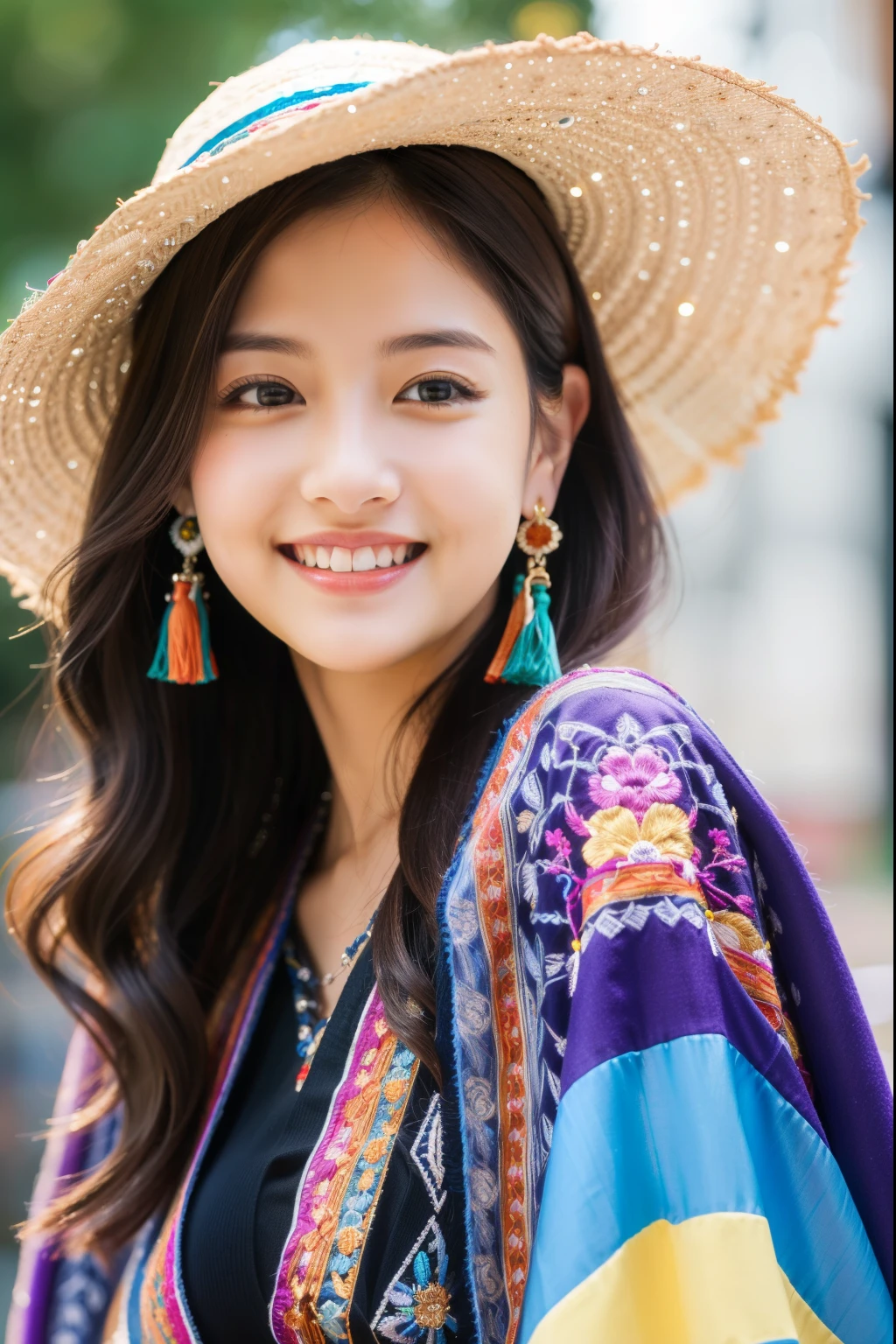 ulzzang-6500-v1.1,(masterpiece, highest quality:1.3), (Ultra-detailed 8K:1.2), (hyperrealistic:1.35),(Raw photo:1.2),highest quality, High resolution, wallpaper, realistic, ,rending with ArtStation, Trending on CGsociety, sharp focus, (dramatic, Realistic painting art by Midjourney:1.3)
BREAK
(Japanese women:1.3), 18 years old, (bewitching smile:1.3), action, gravure, sexy, super beautiful, beautiful skin, beautiful and detailed eyes, detailed face, slim, Moderately, clean long hair, brunette hair, dark brown eyes, look at the camera, (full shot:1.3),
BREAK
(Colorful bohemian poncho with intricate ethnic embroidery:1.4) paired with (simple black leggings:1.2) and (leather ankle boots:1.1). Accessorized with (beaded tassel earrings:1.3), (a stack of mixed metal bangles:1.2), and (a wide-brimmed felt hat:1.0).