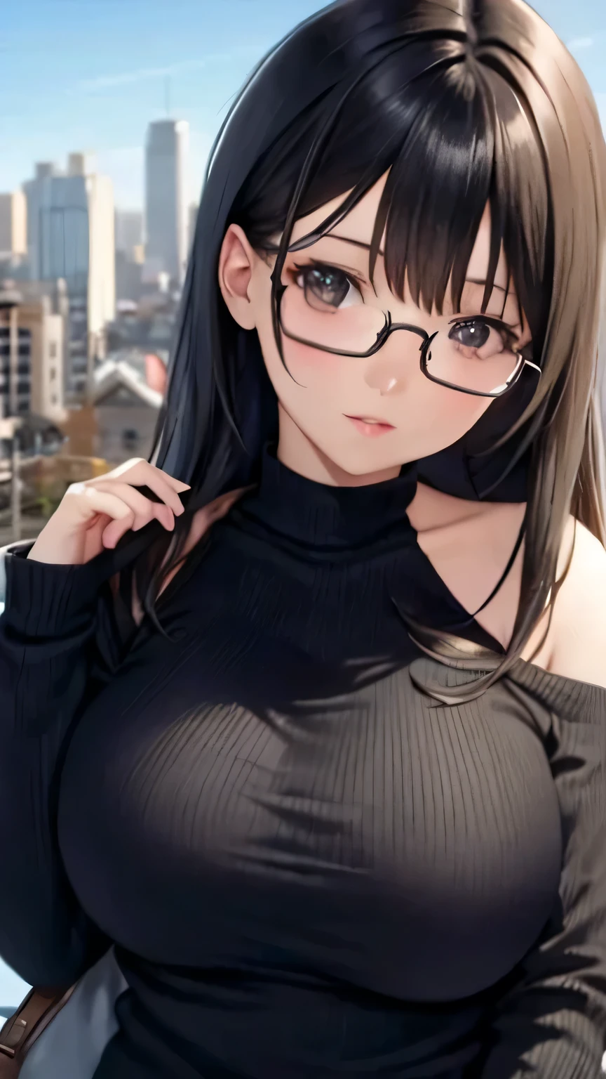 High resolution、neat girl、Glasses、big breasts、long black hair、center hair、brown off shoulder knit、background city date