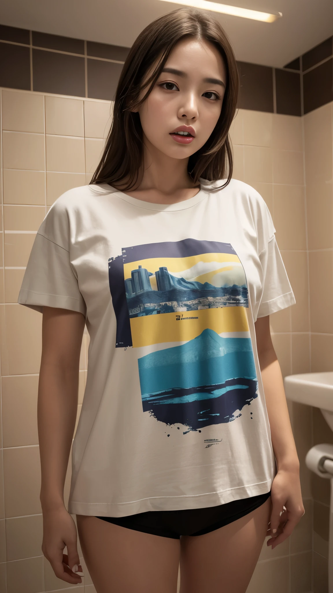 messy hair, clenching your teeth, annoyed, shy, hold your mouth, tear, surrealism, UHD, accurate, anatomically correct, textured skin, super detail, high details, best quality, 8 thousand, HD, (in the bathroom), (holding in urine), (치마를 붙잡고 holding in urine), background of bathroom, D-cup breasts, Her view from below, (extra large long t-shirt:1.3),