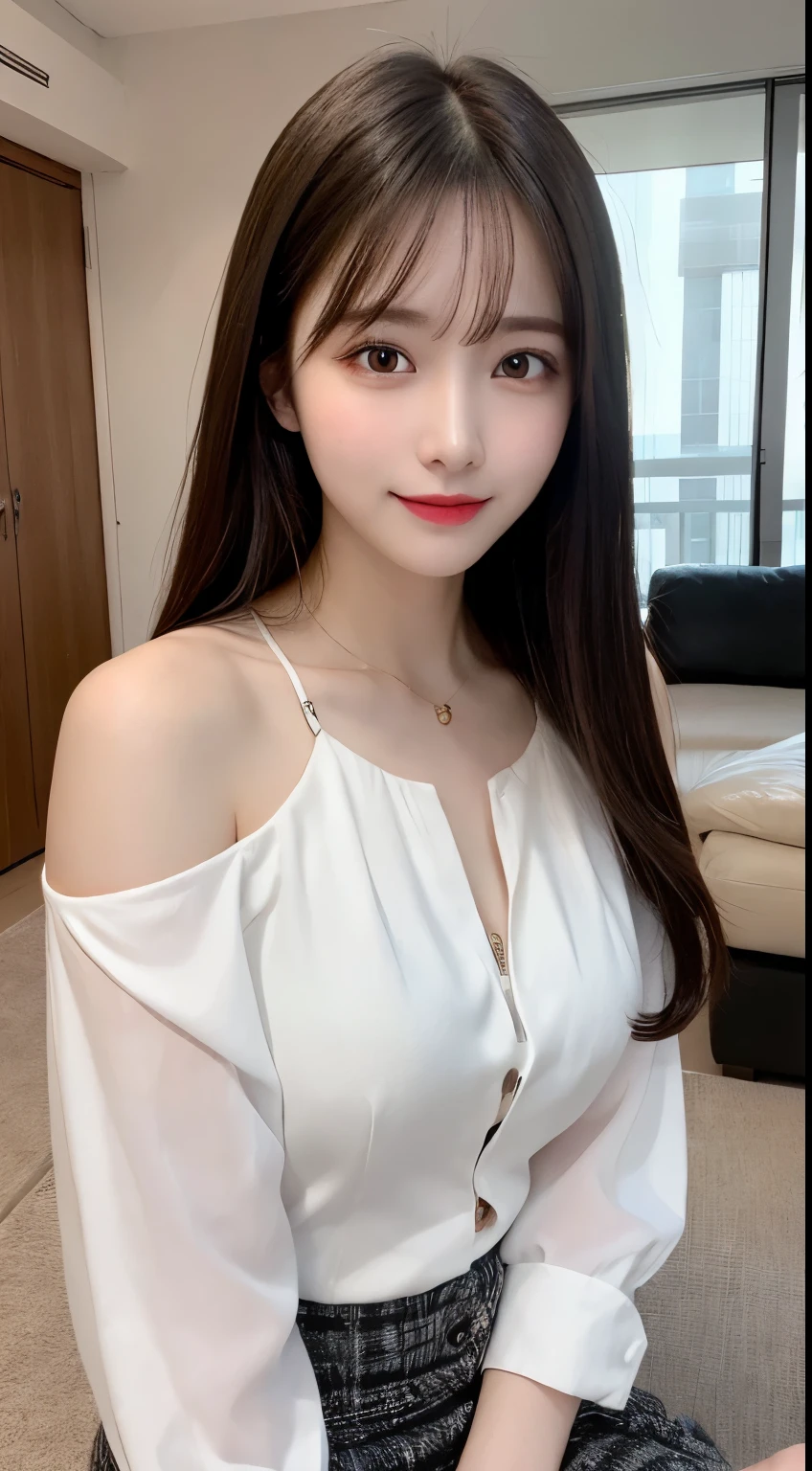 table top, highest quality, shape, Super detailed, finely, High resolution, 8k wallpaper, 完璧なダイナミックな構shape, beautiful and detailed eyes, small breasts, natural color lip, random sexy pose,smile,20 year old girl、midnight、Beautiful and dense face、perfect and beautiful face,Big eyes、real photos(best image quality),long sleeve blouse、mini skirt、Blurred luxury tower apartment living room background