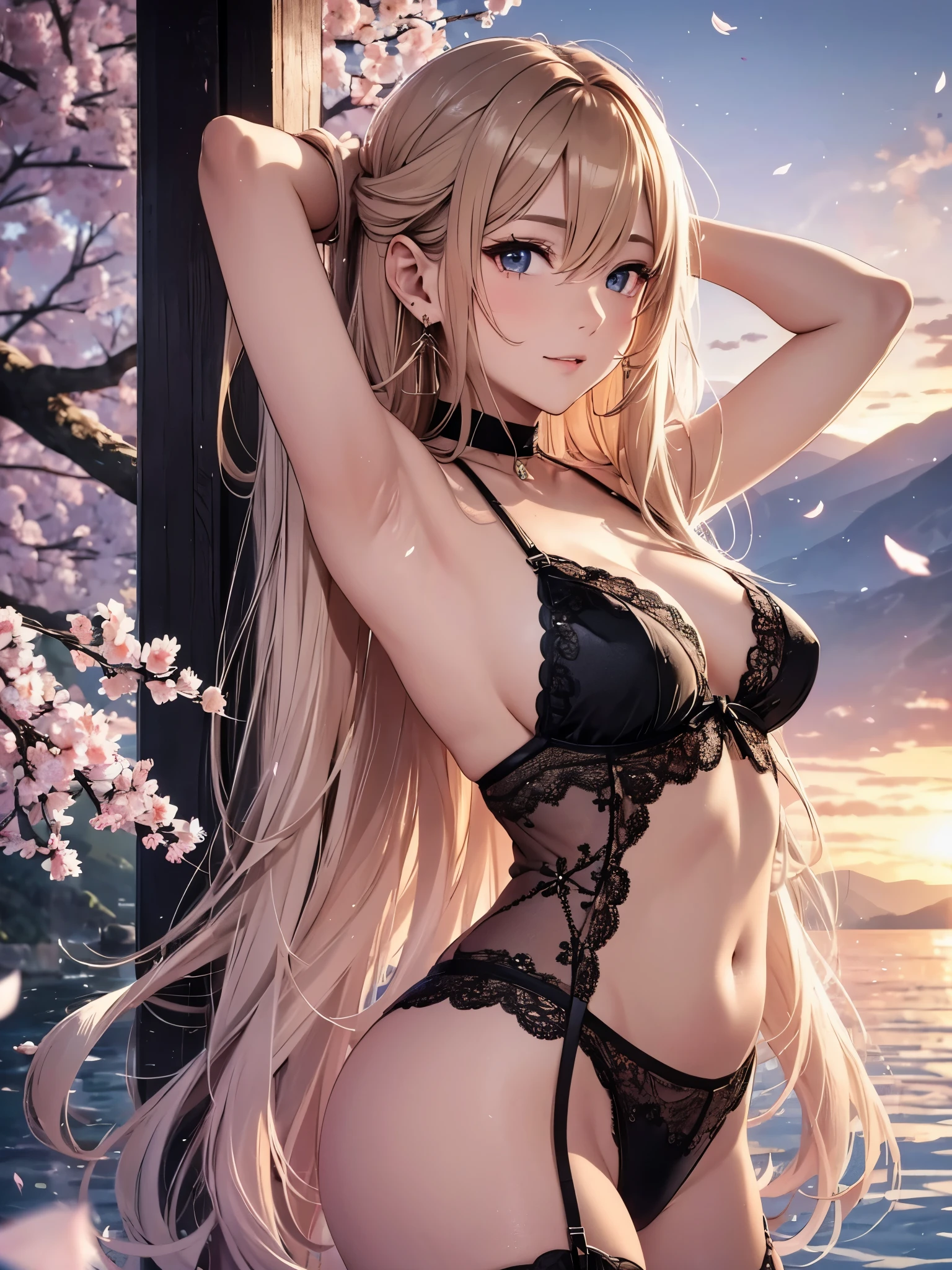 Asuna, masterpiece, best quality, detailed, (1 girl), alone, detailed golden eyes, long hair, permanent, Be close to the audience, (seductive lingerie), gentle smile, Plump breasts, (Put your arms behind your back), water, Sunset, (earring), (cherry blossoms in bloom), Snowy mountains and lake in the background
