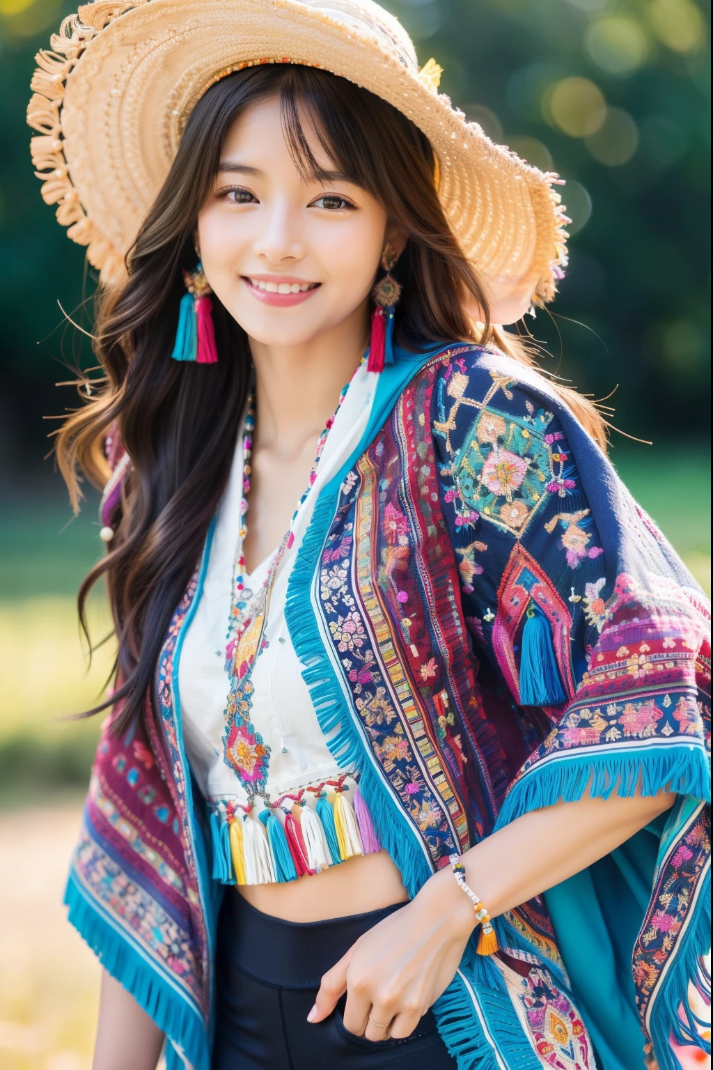 ulzzang-6500-v1.1,(masterpiece, highest quality:1.3), (Ultra-detailed 8K:1.2), (hyperrealistic:1.35),(Raw photo:1.2),highest quality, High resolution, wallpaper, realistic, ,rending with ArtStation, Trending on CGsociety, sharp focus, (dramatic, Realistic painting art by Midjourney:1.3)
BREAK
(Japanese women:1.3), 18 years old, (bewitching smile:1.3), action, gravure, sexy, super beautiful, beautiful skin, beautiful and detailed eyes, detailed face, slim, Moderately, clean long hair, brunette hair, dark brown eyes, look at the camera, (full shot:1.3),
BREAK
(Colorful bohemian poncho with intricate ethnic embroidery:1.4) paired with (simple black leggings:1.2) and (leather ankle boots:1.1). Accessorized with (beaded tassel earrings:1.3), (a stack of mixed metal bangles:1.2), and (a wide-brimmed felt hat:1.0).