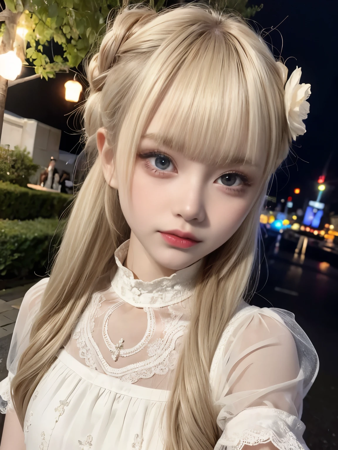 raw photo, 8k, (top-quality), Realistic, (real picture, Intricate details), (natural skin texture, detailed skin, hyper realism, sharpness), (Japanese  girl dancing in a natural flower garden at night, white flowers:1.3, dancing), ((white dress, see-through dress, white flower hair ornament, look far away)), (pale skin:1.2), slender body, ((light blond hair:1.3,  bun hairstyle, blunt bangs)), (neat face, Parted lips:1.3, eye shadow, eyeline, tear bag:1.2, red lip, undereye circle), night time, starry skies, full body shot
