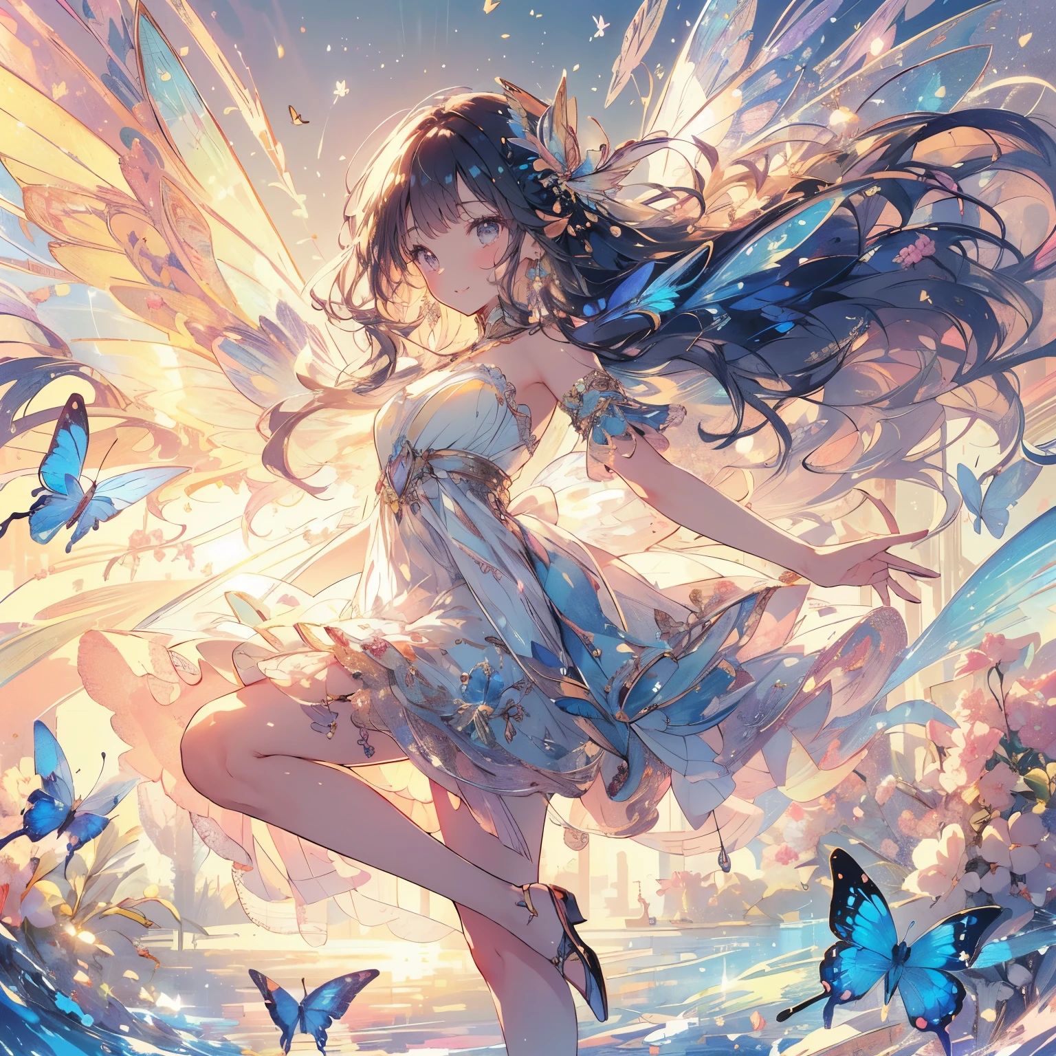 (exquisite, beautiful, very detailed, masterpiece, high quality, disorganized, High resolution, Full HD, detailed background of writing,beautiful hands), (thin line:1.2,Soft lines:1.2,beautiful and delicate face),(fairy princess,It has butterfly-like fairy wings.),(sun,daytime,beautiful sky,rainbow,sunの下で元気に踊る),((super wide shot,Super wide angle of view,whole body)), ((fun,smile,Full of energy)), (medium hair:1.5), (dancer&#39;s hair ornament,earrings,beautifulチョーカー,Gold ankles),((Dancer Dresses,pastel colour,Fairy wings from the back)),(deep pink cheek,plump pink lips,big bust,Fair skin, good style), (sunの光,pastel colour,bright atmosphere,Colorful,highly saturated,fantasy),