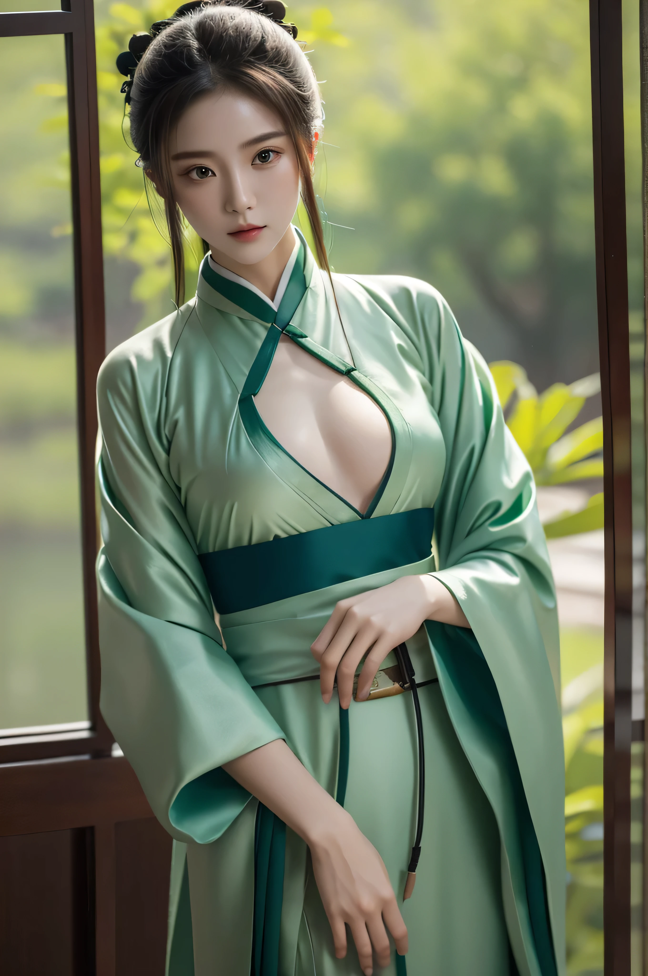 Fair, masterpiece, best quality, extremely detailed face,1 girl, alone，wrap your chest，green hanfu，whole body