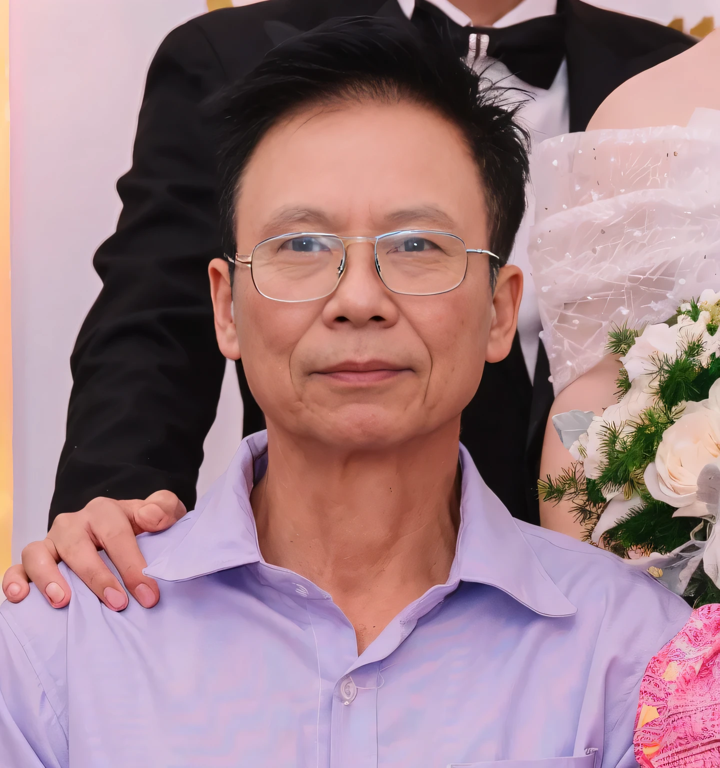 Highly realistic photo, ((masterpiece), (best quality), (raw photo), (photorealistic:1.4), Portrait of Vietnamese old man, 80 years old, ((black hair)), ((wearing a dark suit)), ((light blue background)), photo taken by Sony A7IV