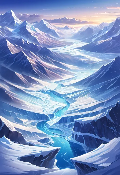 draw only one picture, top view (vector)  the vast ultra-wide-angle scene of the glacier land. the mysterious and spectacular ul...