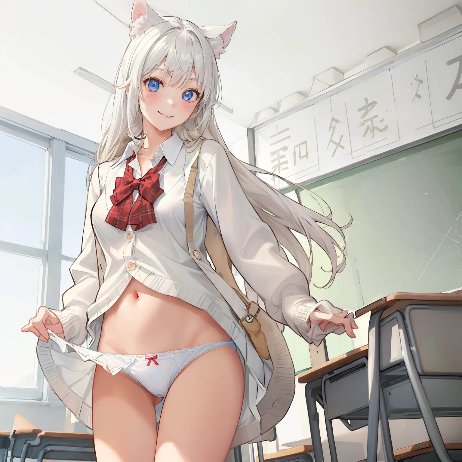 ((1 girl:1.5))、(smile:1.5)、small breasts、（cowboy shot）、(fun!!)、(white cardigan:1.5)、(dog ears)、(white hair)、blush、(long hair)、(eye highlights:1.3)、blake black shoes,(黒いskirt:1.5)、bow, button, shirt with collar, long sleeve,  ((red bow tie, ,, white shirt, チェック柄のskirt:1.5、white socks)),, shirt,, skirt, socks, thighs, white shirt, Rest indoors, ((classroom:1.5))、 BREAK while watching the audience、 (perfect hands, perfect anatomy),cowboy shot、(skirtlift:1.3),(highly detailed white panties:1.3)、(highly detailed panties:1.3)、、(skirt that rolls up:1.3)、(fully exposed panties:1.5)、light blue eyes